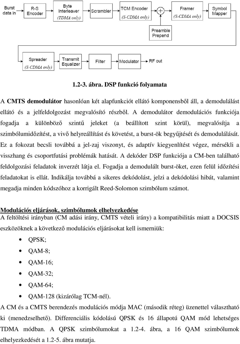 demodulálását. Ez a fokozat becsli továbbá a jel-zaj viszonyt, és adaptív kiegyenlítést végez, mérsékli a visszhang és csoportfutási problémák hatását.