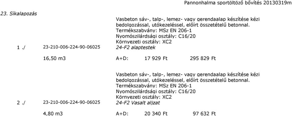 Termékszabvány: MSz EN 206-1 Nyomószilárdsági osztály: C16/20 Környezeti osztály: XC2 1.