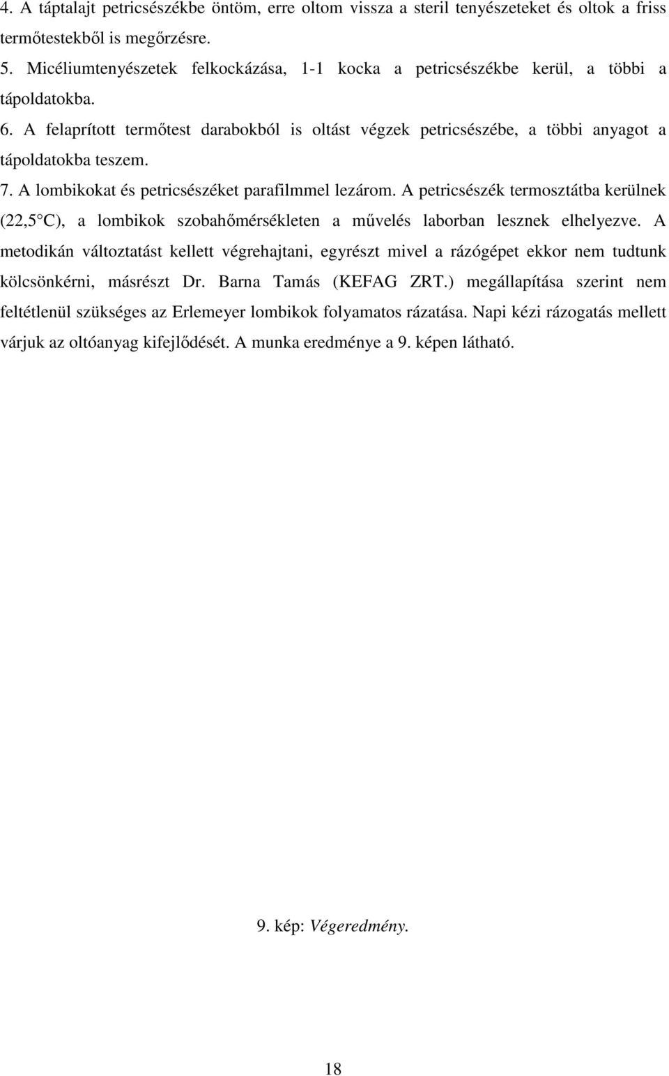 7. A lombikokat és petricsészéket parafilmmel lezárom. A petricsészék termosztátba kerülnek (22,5 C), a lombikok szobahımérsékleten a mővelés laborban lesznek elhelyezve.