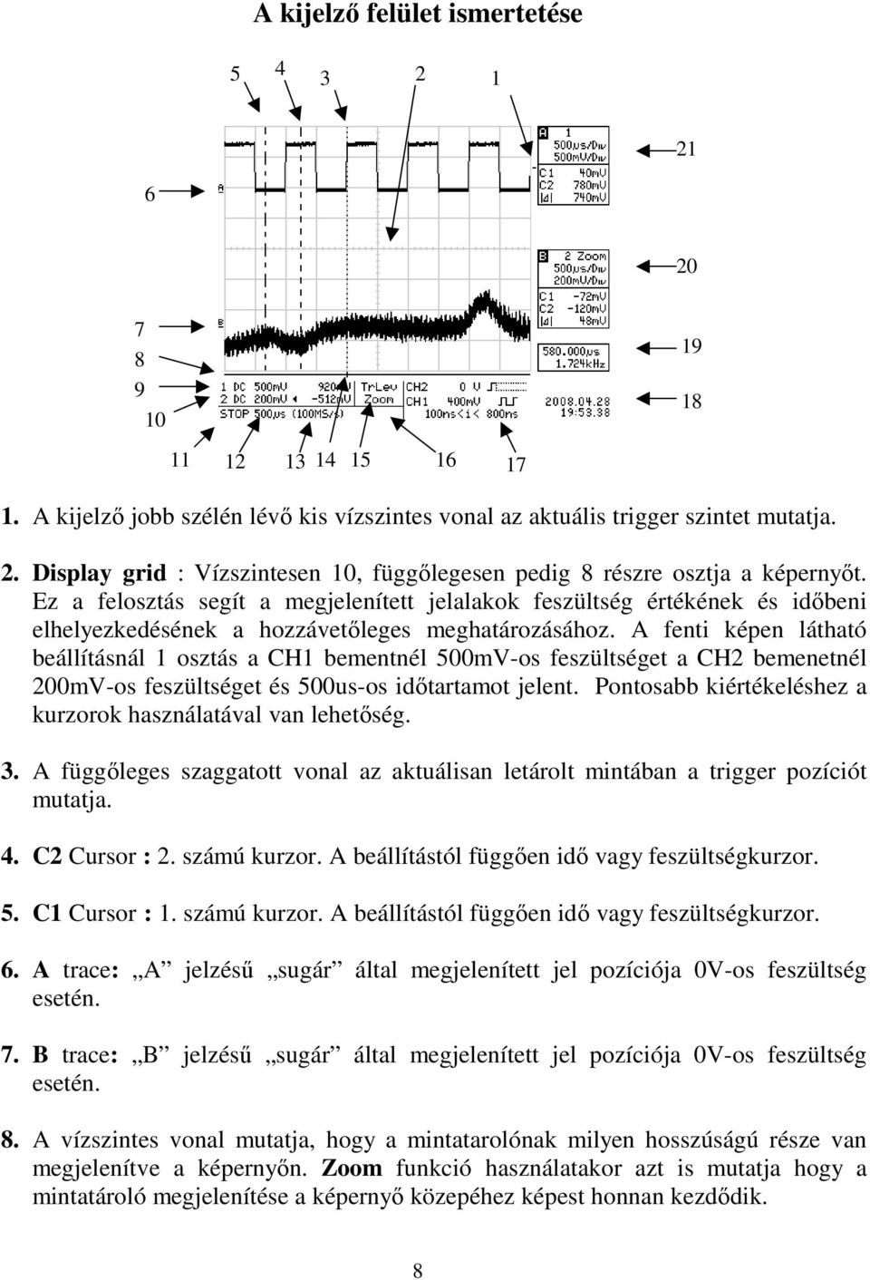 A fenti képen látható beállításnál 1 osztás a CH1 bementnél 500mV-os feszültséget a CH2 bemenetnél 200mV-os feszültséget és 500us-os időtartamot jelent.