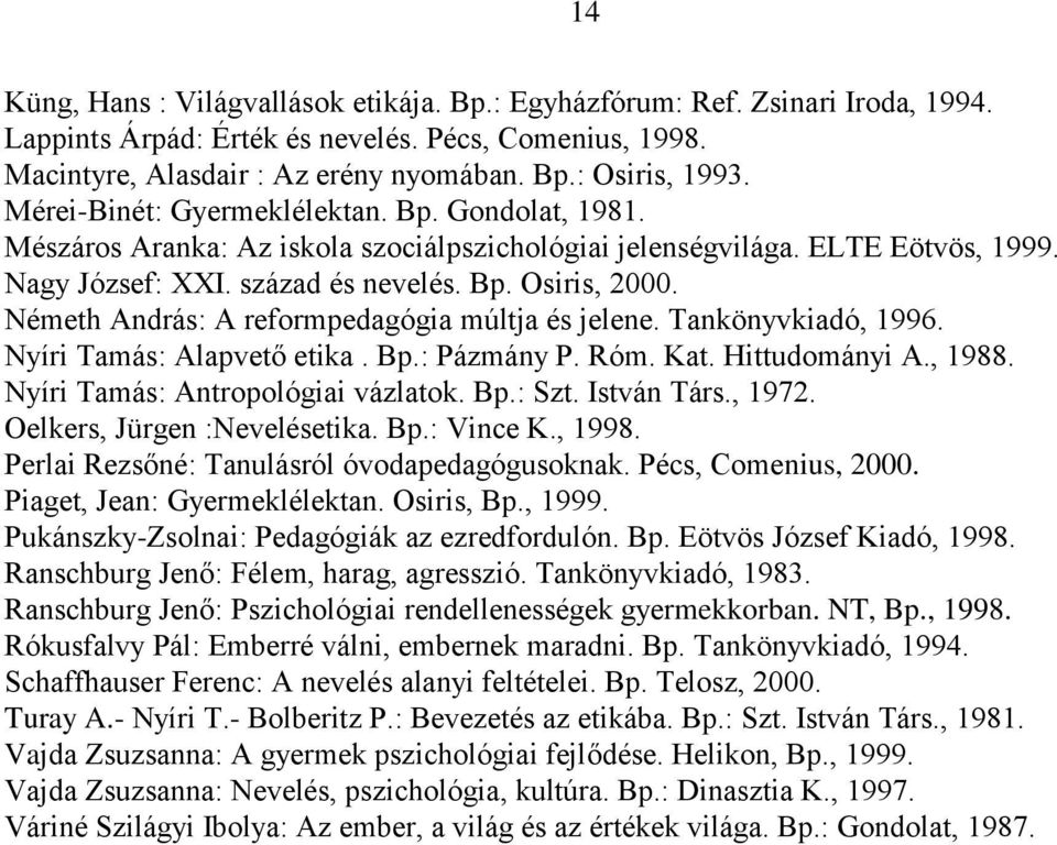 Németh András: A reformpedagógia múltja és jelene. Tankönyvkiadó, 1996. Nyíri Tamás: Alapvető etika. Bp.: Pázmány P. Róm. Kat. Hittudományi A., 1988. Nyíri Tamás: Antropológiai vázlatok. Bp.: Szt.