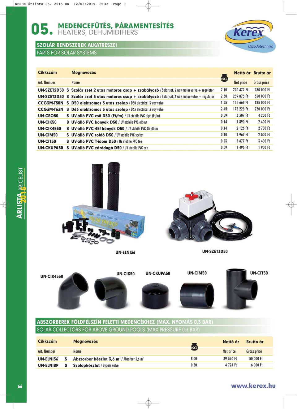 95 CCGMTN S D elektromos utas szelep / D electrical way valve 2.5 UNCSO50 S UVálló PVC csô D50 (Ft/fm) / UV stabile PVC pipe (Ft/m) 0.59 UNCIK50 B UVálló PVC könyök D50 / UV stabile PVC elbow 0.