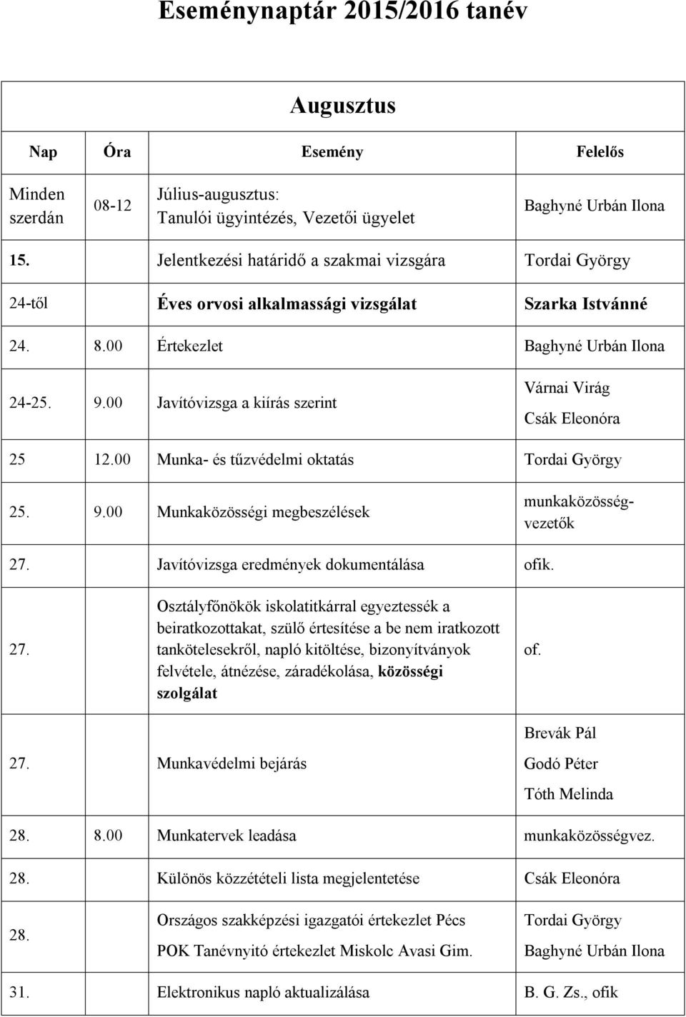 00 Javítóvizsga a kiírás szerint Várnai Virág Csák Eleonóra 25 12.00 Munka- és tűzvédelmi oktatás Tordai György 25. 9.00 Munkaközösségi megbeszélések munkaközösségvezetők 27.