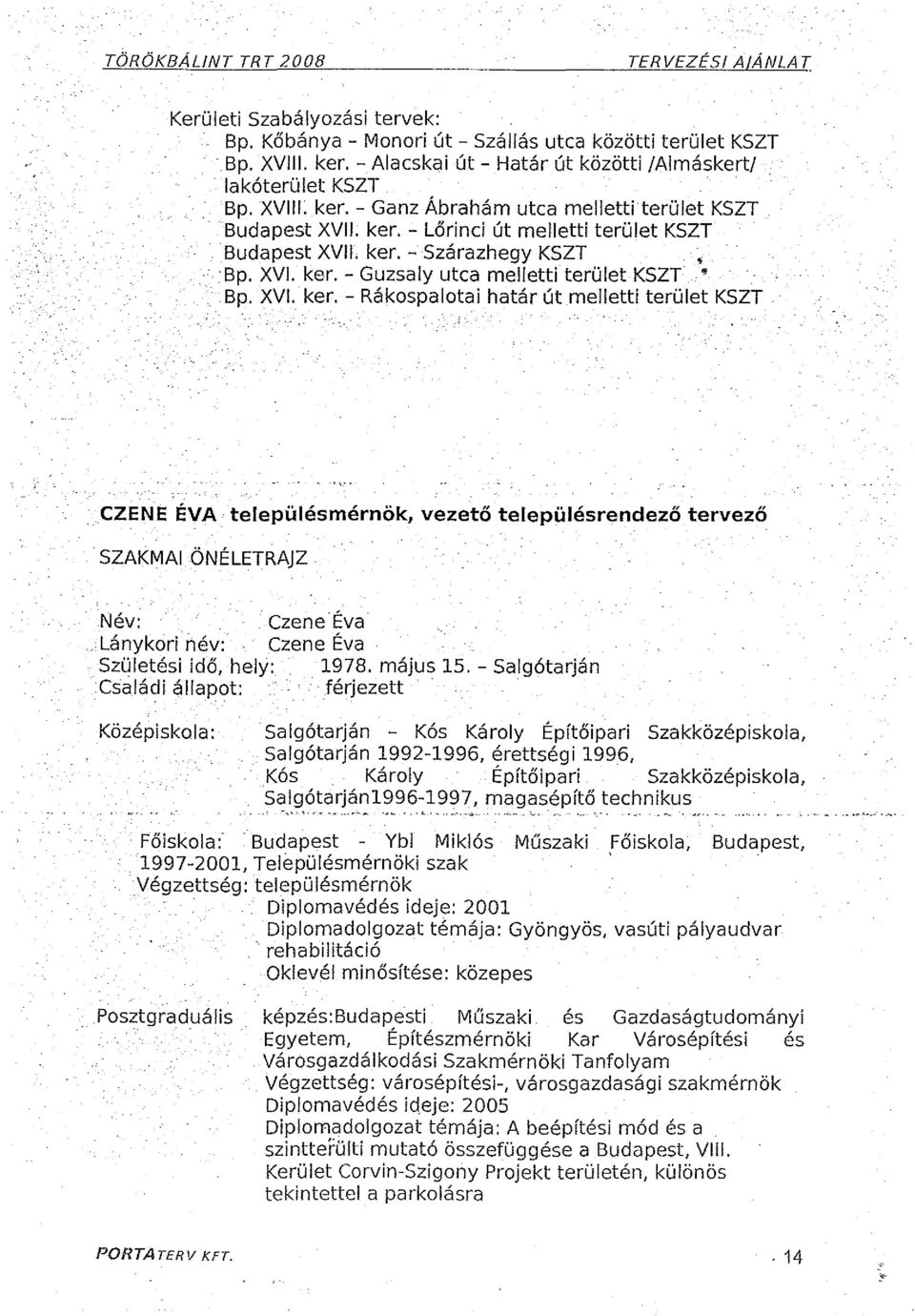 XV. ker. - Guzsaly utca melletti terület KSZT Bp. XV. ker. - Rákospalotai határ út melletti terület KSZT.. CZENE ÉVA településmérnök, vezető településrendező tervező. SZAKMA ÖNÉLETRAJZ.