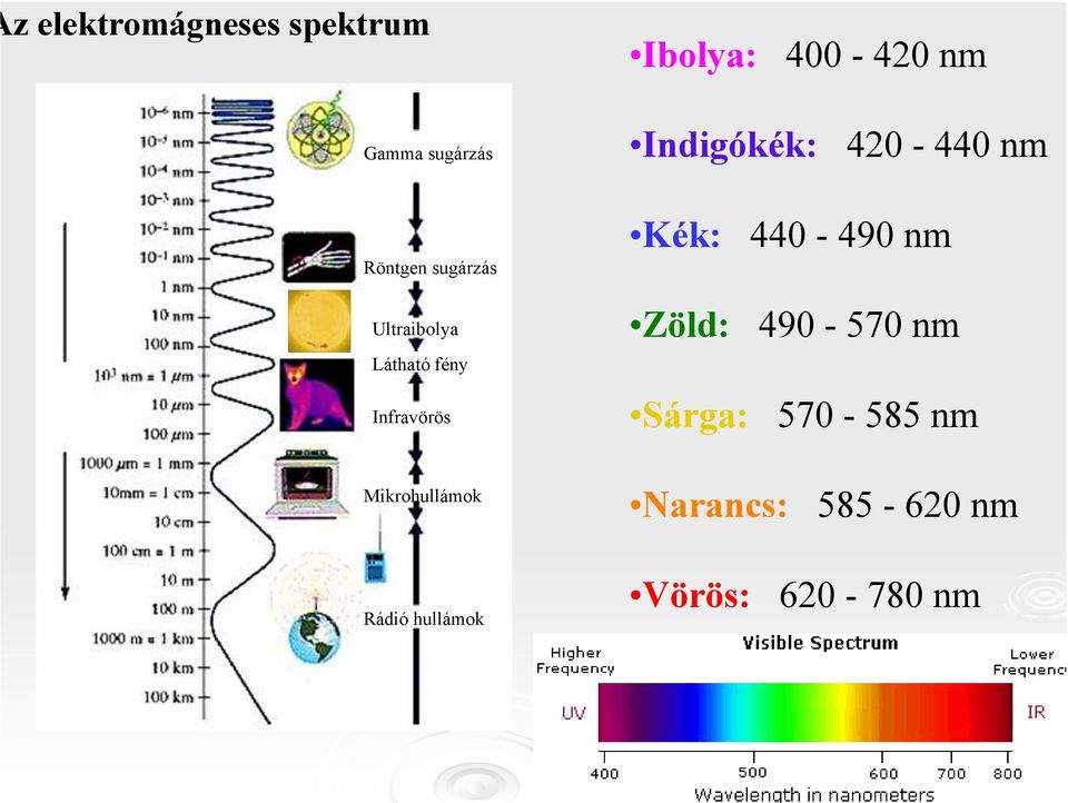 Ultraibolya Látható fény Infravörös Zöld: 490-570 nm Sárga: