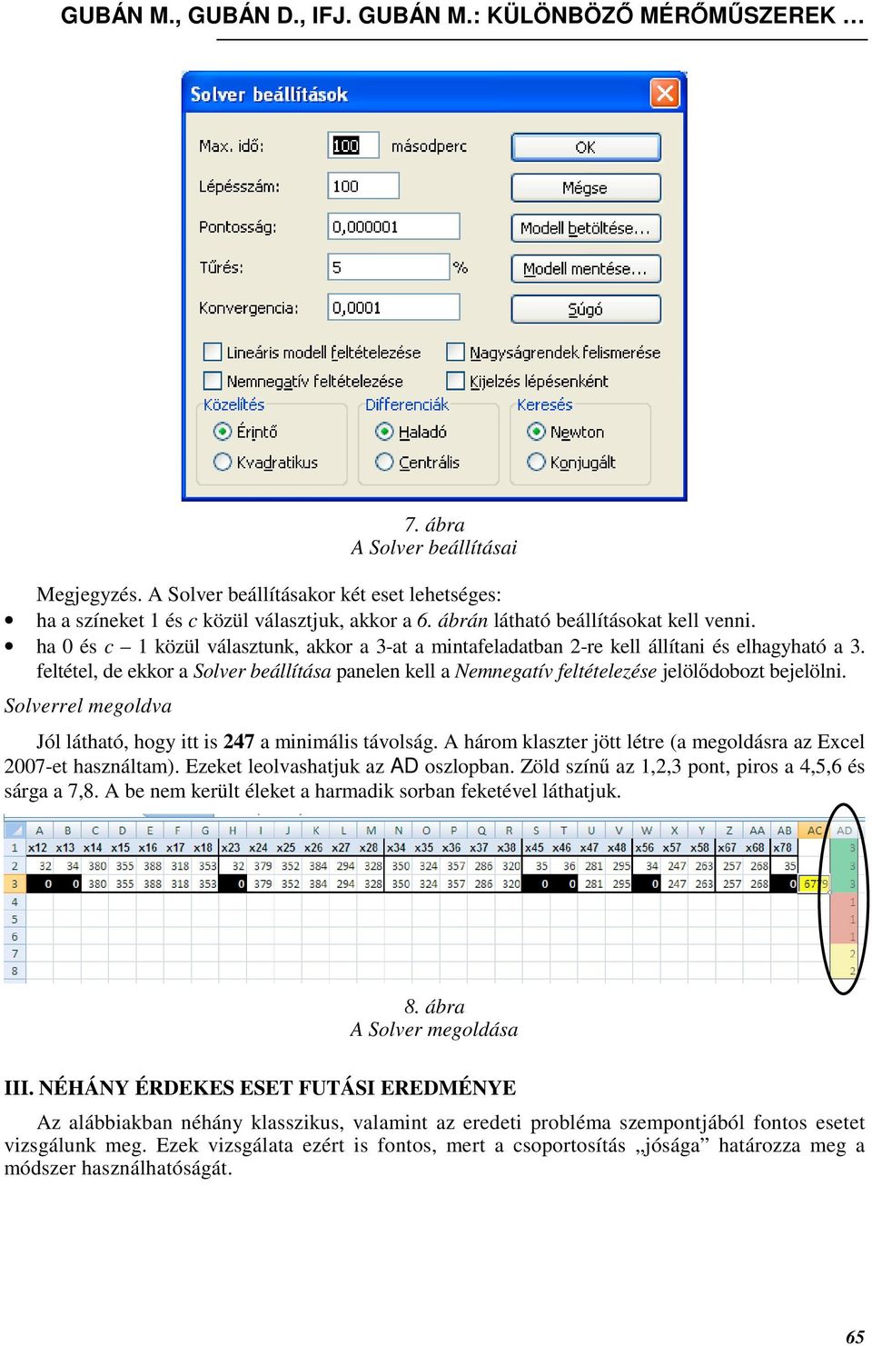 feltétel, de ekkor a Solver beállítása panelen kell a Nemnegatív feltételezése jelölıdobozt bejelölni. Solverrel megoldva Jól látható, hogy itt is 247 a minimális távolság.