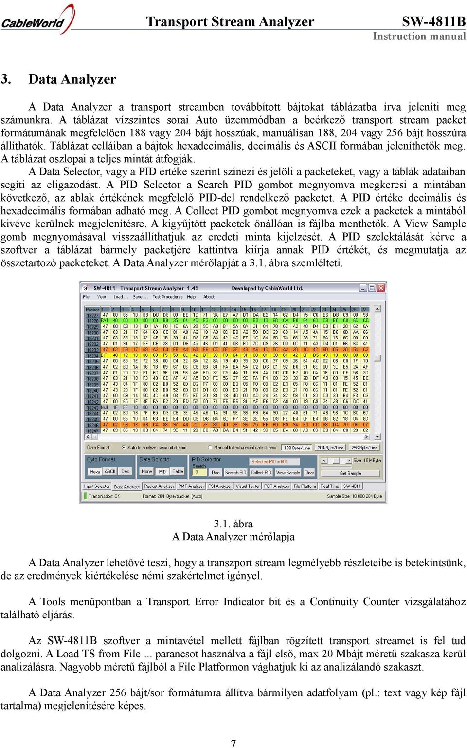 Táblázat celláiban a bájtok hexadecimális, decimális és ASCII formában jeleníthetők meg. A táblázat oszlopai a teljes mintát átfogják.