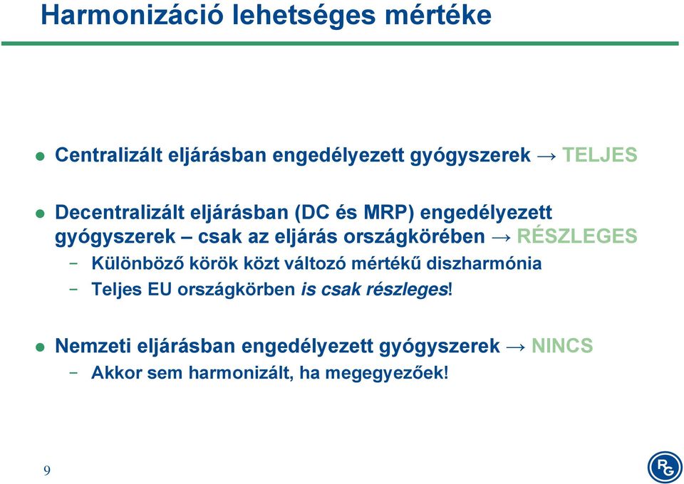 RÉSZLEGES Különböző körök közt változó mértékű diszharmónia Teljes EU országkörben is csak