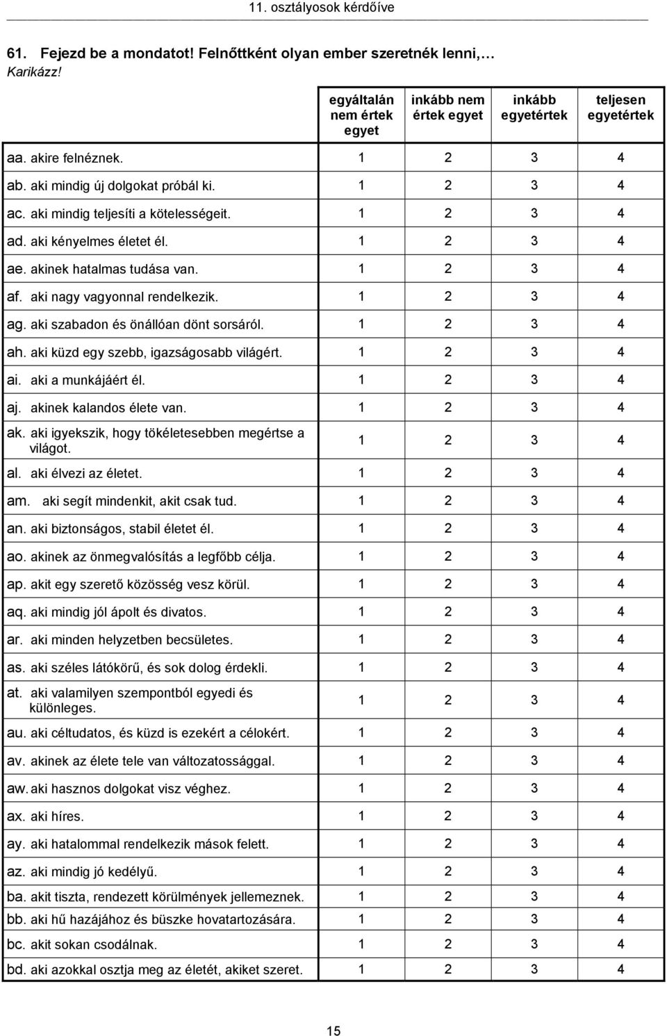 aki küzd egy szebb, igazságosabb világért. ai. aki a munkájáért él. aj. akinek kalandos élete van. ak. aki igyekszik, hogy tökéletesebben megértse a világot. al. aki élvezi az életet. am.