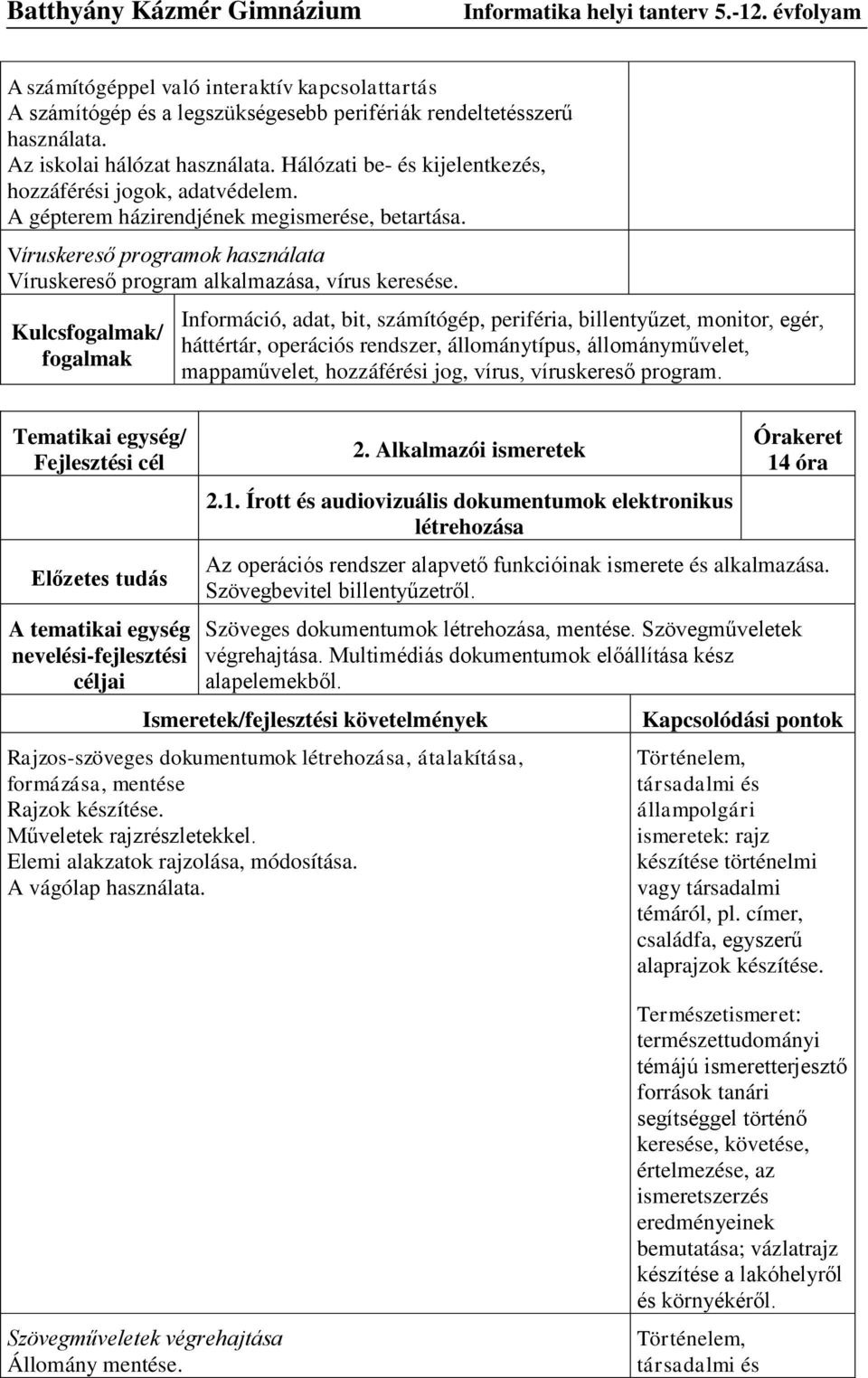 Kulcsfogalmak/ fogalmak Információ, adat, bit, számítógép, periféria, billentyűzet, monitor, egér, háttértár, operációs rendszer, állománytípus, állományművelet, mappaművelet, hozzáférési jog, vírus,