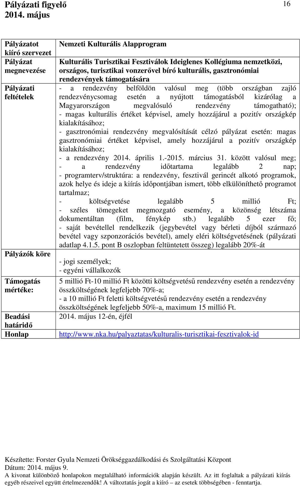 támogatható); - magas kulturális értéket képvisel, amely hozzájárul a pozitív országkép kialakításához; - gasztronómiai rendezvény megvalósítását célzó pályázat esetén: magas gasztronómiai értéket