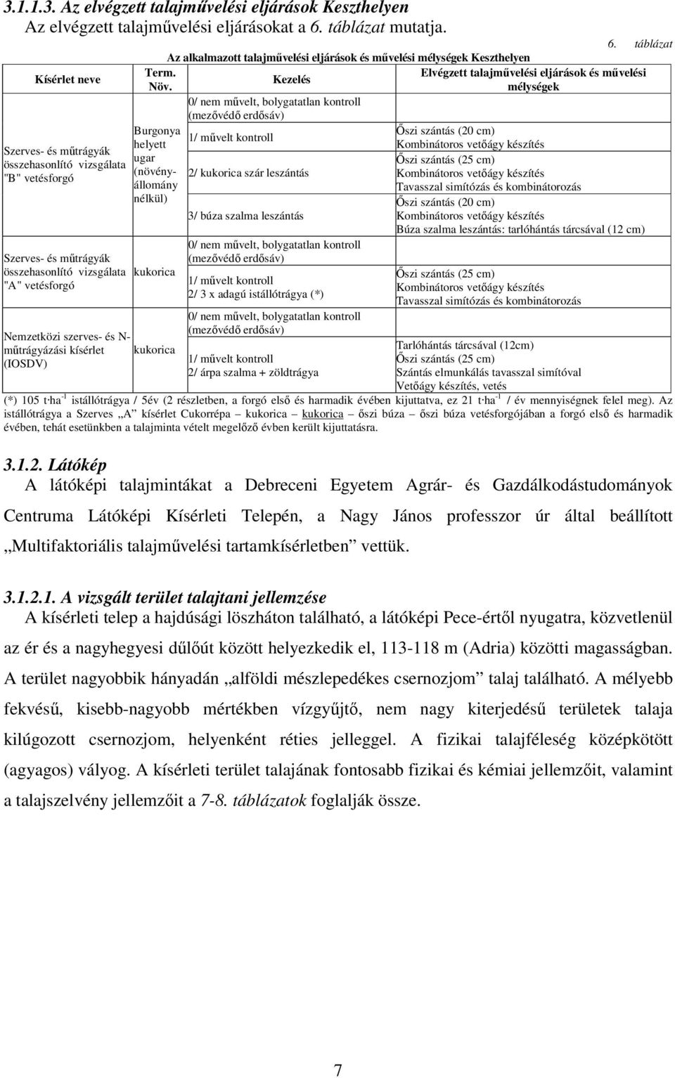 Burgony helyett ugr (növényállomány nélkül) kukoric Nemzetközi szerves- és N- műtrágyázási kísérlet kukoric (IOSDV) Az lklmzott tljművelési eljárások és művelési mélységek Keszthelyen Kezelés 0/ nem