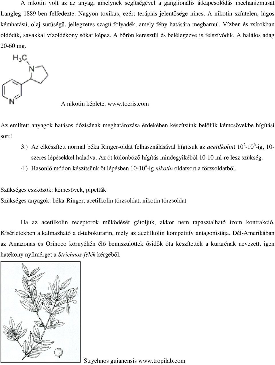 A bőrön keresztül és belélegezve is felszívódik. A halálos adag 20-60 mg. A nikotin képlete. www.tocris.