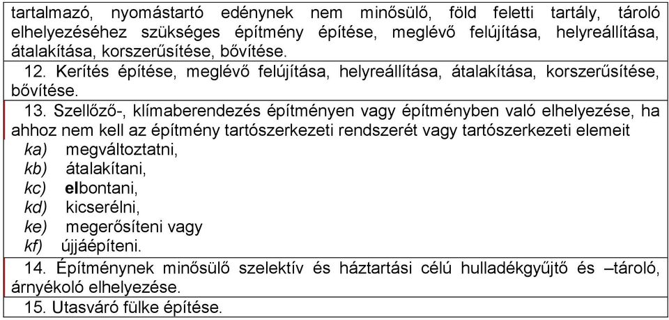 Szellőző-, klímaberendezés építményen vagy építményben való elhelyezése, ha ahhoz nem kell az építmény tartószerkezeti rendszerét vagy tartószerkezeti elemeit ka)