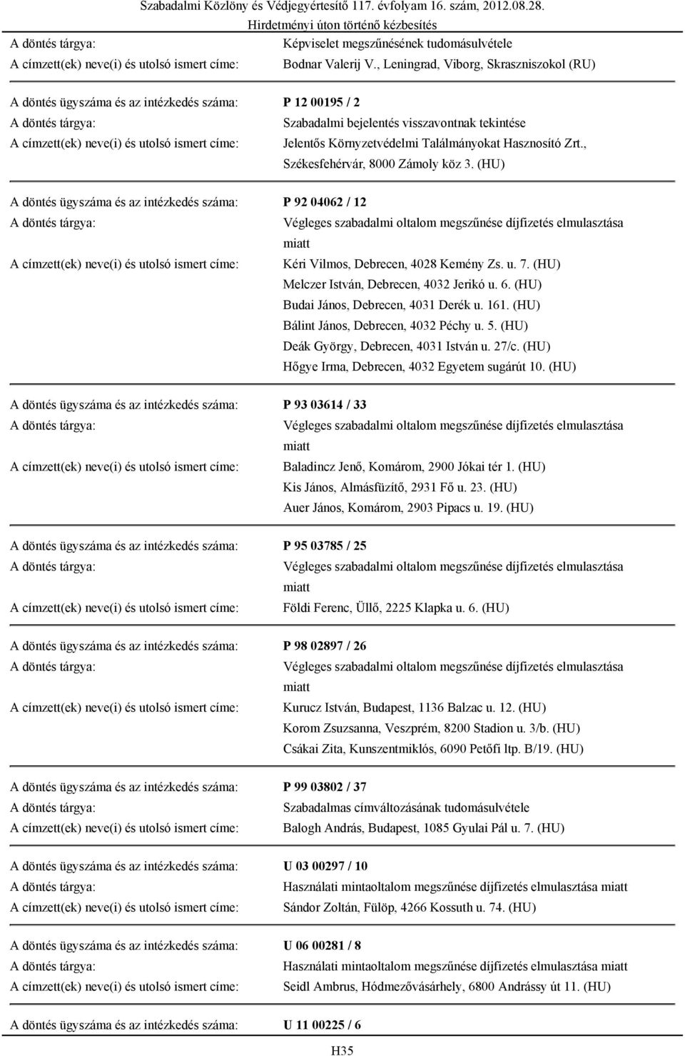 , Székesfehérvár, 8000 Zámoly köz 3. (HU) A döntés ügyszáma és az intézkedés száma: P 92 04062 / 12 Kéri Vilmos, Debrecen, 4028 Kemény Zs. u. 7. (HU) Melczer István, Debrecen, 4032 Jerikó u. 6.
