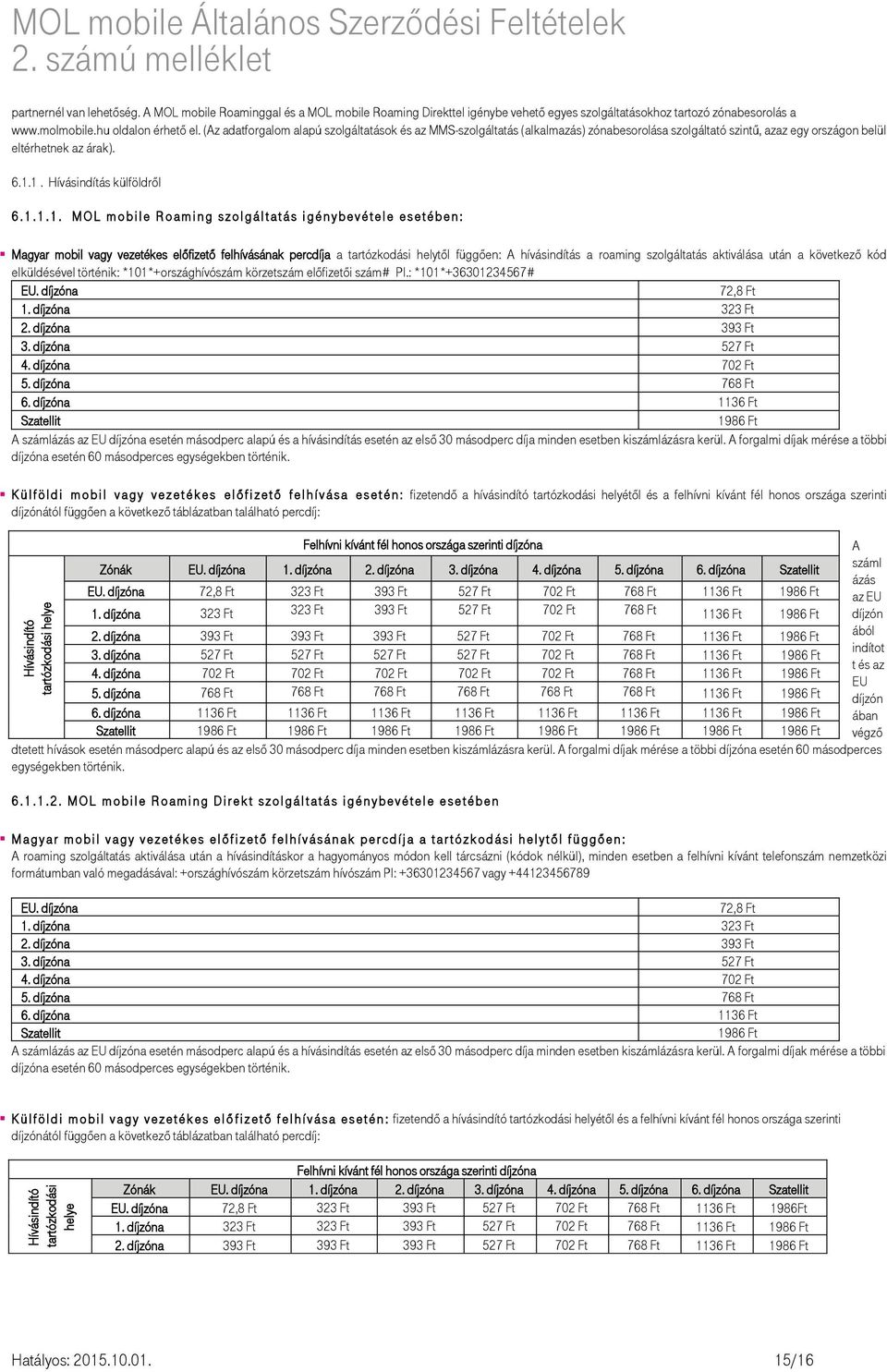 (Az adatforgalom alapú szolgáltatások és az MMS-szolgáltatás (alkalmazás) zónabesorolása szolgáltató szintű, azaz egy országon belül eltérhetnek az árak). 6.1.1. Hívásindítás külföldről 6. 1.