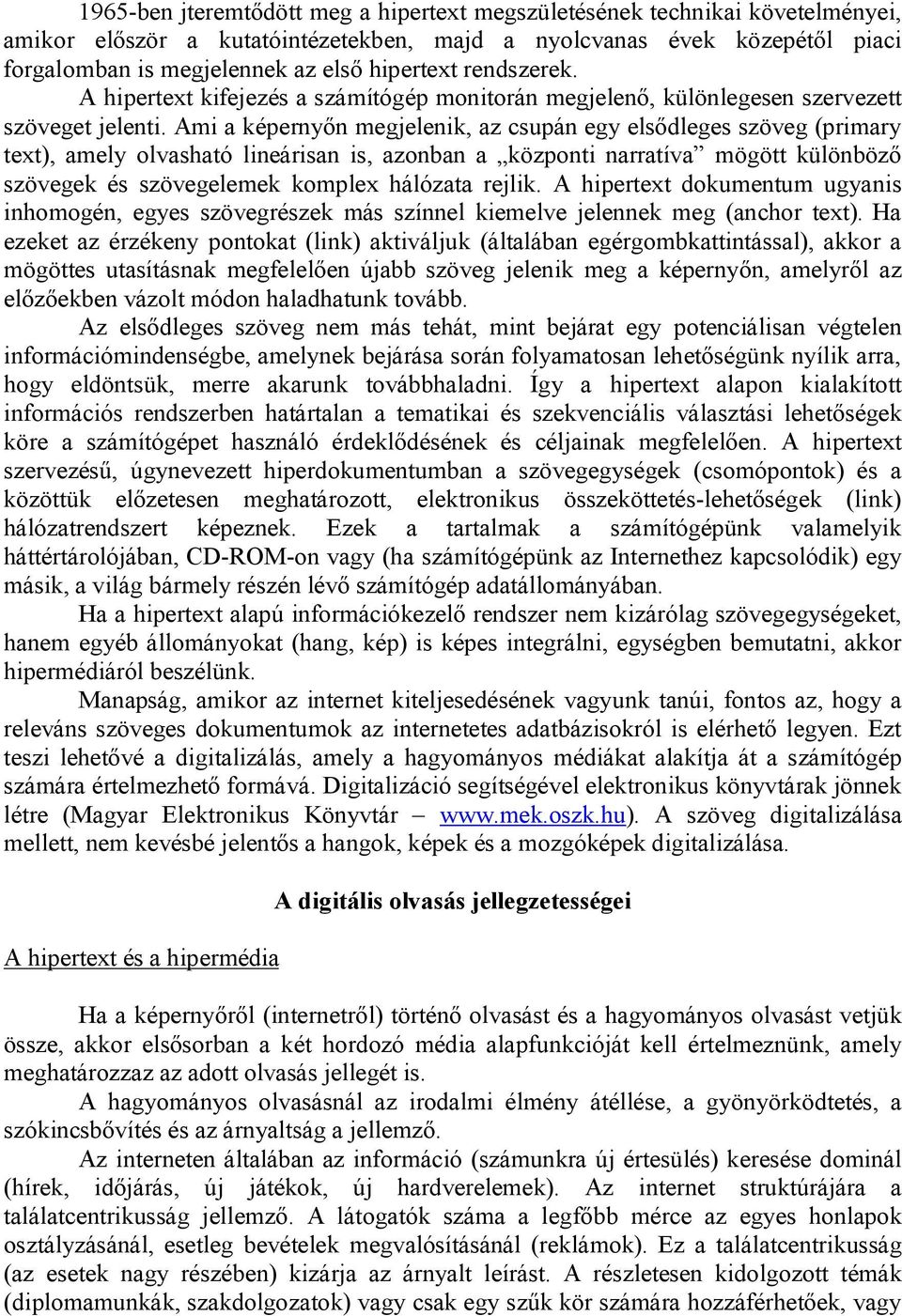 Ami a képernyőn megjelenik, az csupán egy elsődleges szöveg (primary text), amely olvasható lineárisan is, azonban a központi narratíva mögött különböző szövegek és szövegelemek komplex hálózata