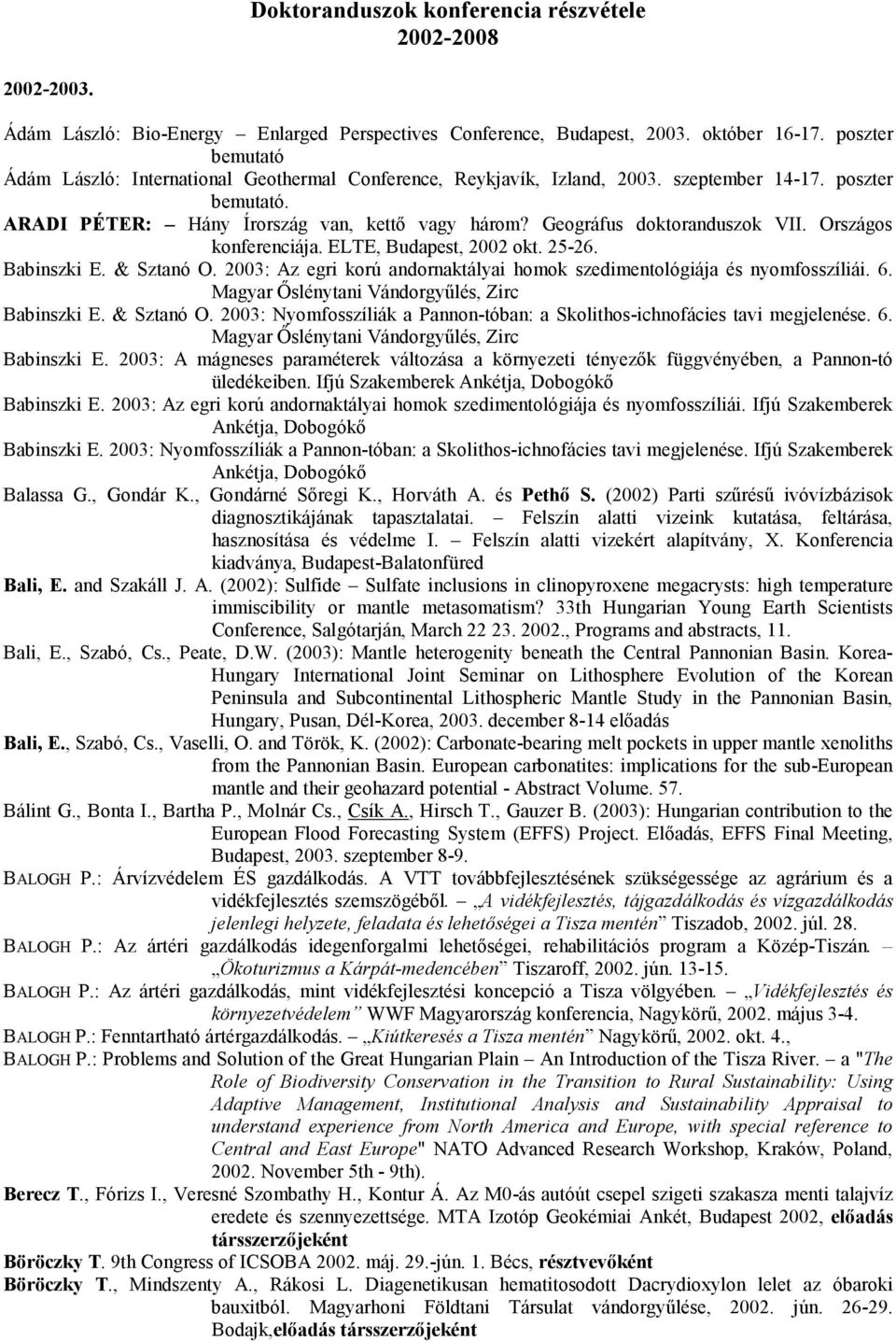 Geográfus doktoranduszok VII. Országos konferenciája. ELTE, Budapest, 2002 okt. 25-26. Babinszki E. & Sztanó O. 2003: Az egri korú andornaktályai homok szedimentológiája és nyomfosszíliái. 6.