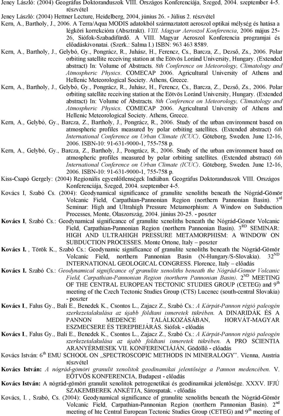 Magyar Aeroszol Konferencia, 2006 május 25-26, Siófok-Szabadifürdı. A VIII. Magyar Aeroszol Konferencia programjai és elıadáskivonatai. (Szerk.: Salma I.) ISBN: 963 463 8589. Kern, A., Bartholy, J.