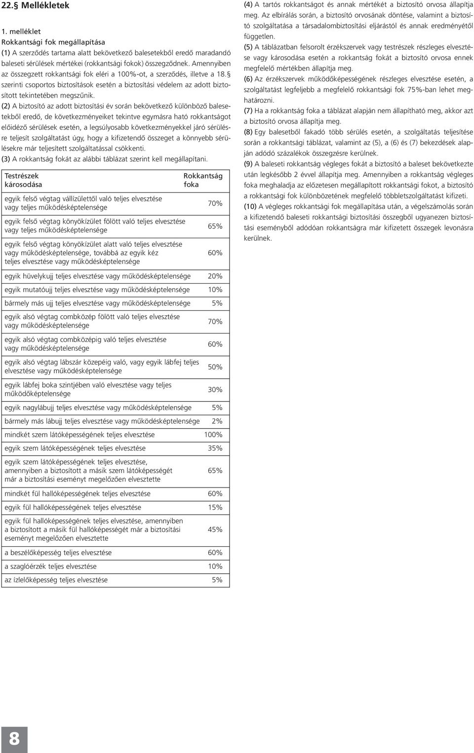 (2) A biztosító az adott biztosítási év során bekövetkezô különbözô balesetekbôl eredô, de következményeiket tekintve egymásra ható rokkantságot elôidézô sérülések esetén, a legsúlyosabb