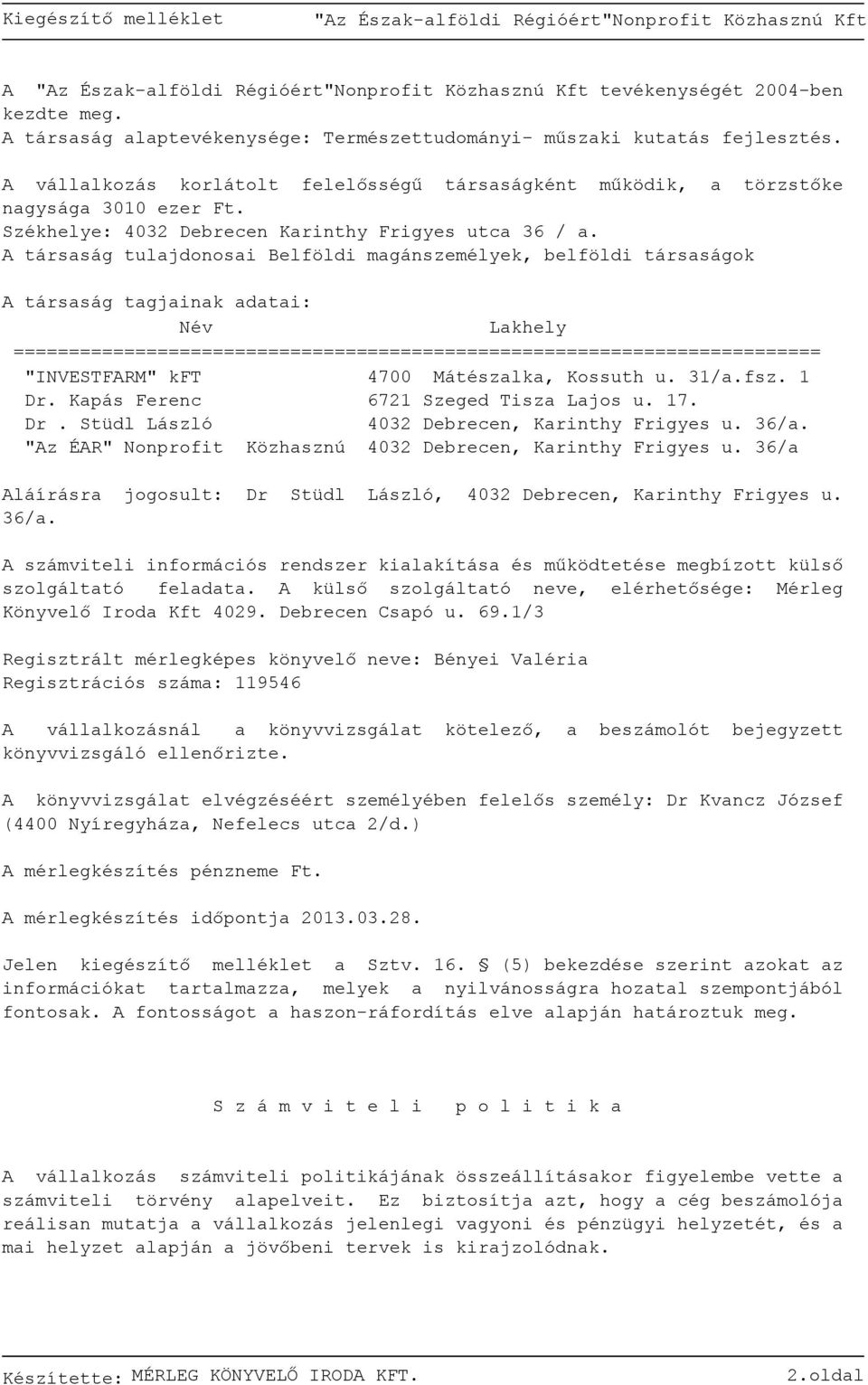 A társaság tulajdonosai Belföldi magánszemélyek, belföldi társaságok A társaság tagjainak adatai: Név Lakhely ========= "INVESTFARM" kft 4700 Mátészalka, Kossuth u. 31/a.fsz. 1 Dr.