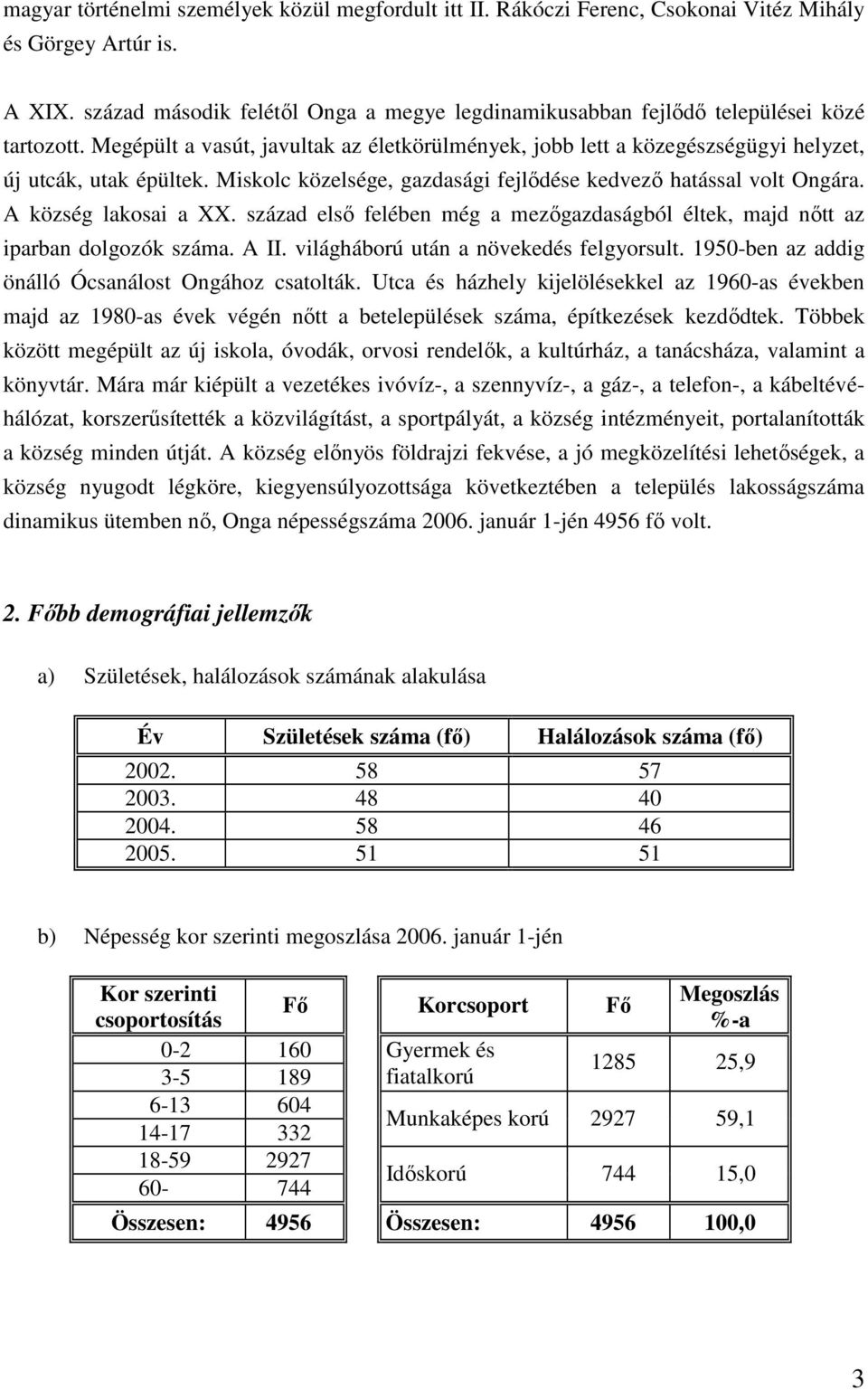 Miskolc közelsége, gazdasági fejlődése kedvező hatással volt Ongára. A község lakosai a XX. század első felében még a mezőgazdaságból éltek, majd nőtt az iparban dolgozók száma. A II.