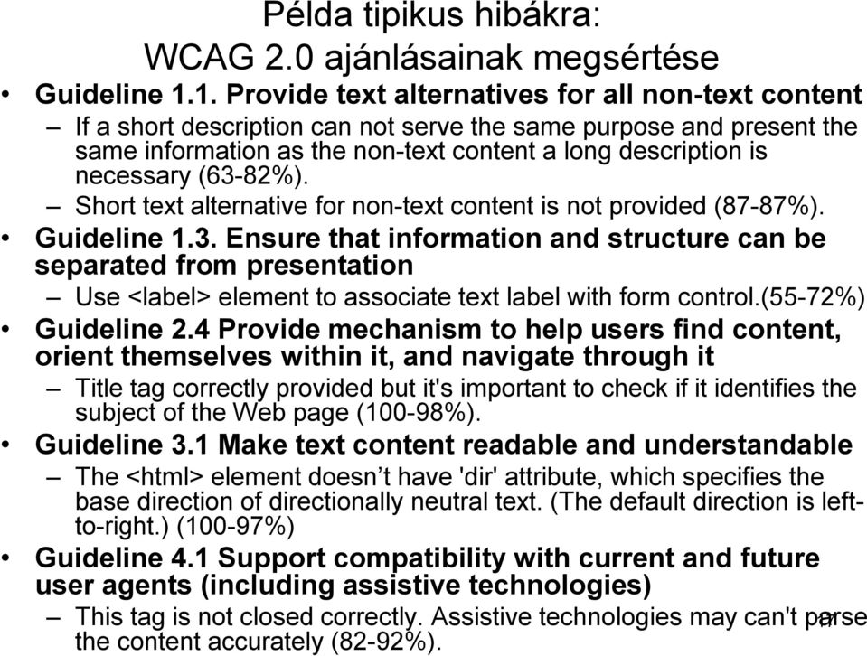 (63-82%). Short text alternative for non-text content is not provided (87-87%). Guideline 1.3. Ensure that information and structure can be separated from presentation Use <label> element to associate text label with form control.