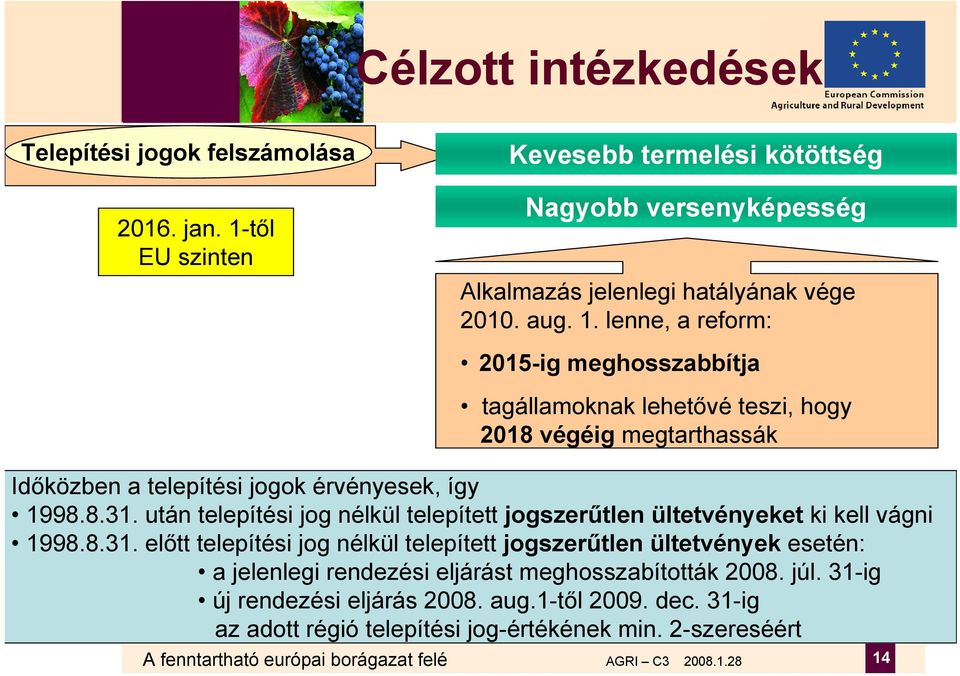 lenne, a reform: 2015-ig meghosszabbítja tagállamoknak lehetővé teszi, hogy 2018 végéig megtarthassák Időközben a telepítési jogok érvényesek, így 1998.8.31.