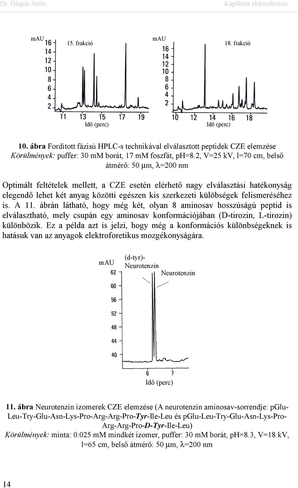 felismeréséhez is. A 11. ábrán látható, hogy még két, olyan 8 aminosav hosszúságú peptid is elválasztható, mely csupán egy aminosav konformációjában (D-tirozin, L-tirozin) különbözik.