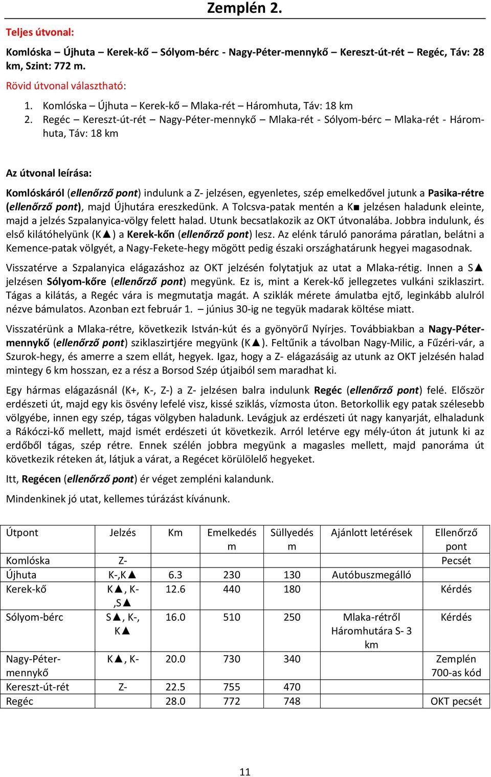 Regéc Kereszt-út-rét Nagy-Péter-mennykő Mlaka-rét - Sólyom-bérc Mlaka-rét - Háromhuta, Táv: 18 km Az útvonal leírása: Komlóskáról (ellenőrző pont) indulunk a Z- jelzésen, egyenletes, szép emelkedővel