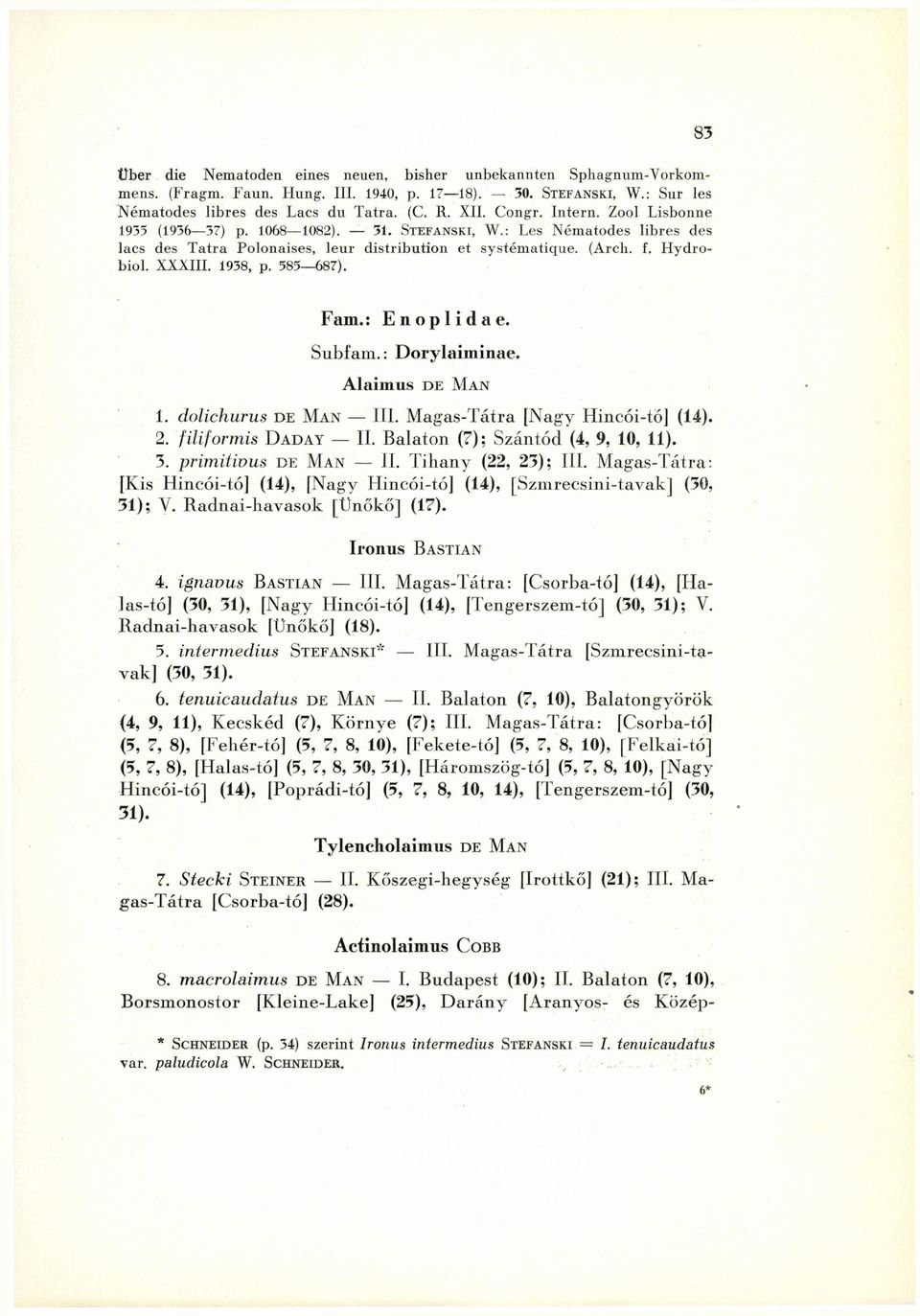 585687). Fam.: Enoplidae. Subfam. : Dorylaiminae. Alaimus DE MAN 1. dolichurus DE MAN III. Magas-Tátra [Nagy Hincói-tó] (14). 2. filiformis DADAY II. Balaton (7); Szántód (4, 9, 10, 11). 3.