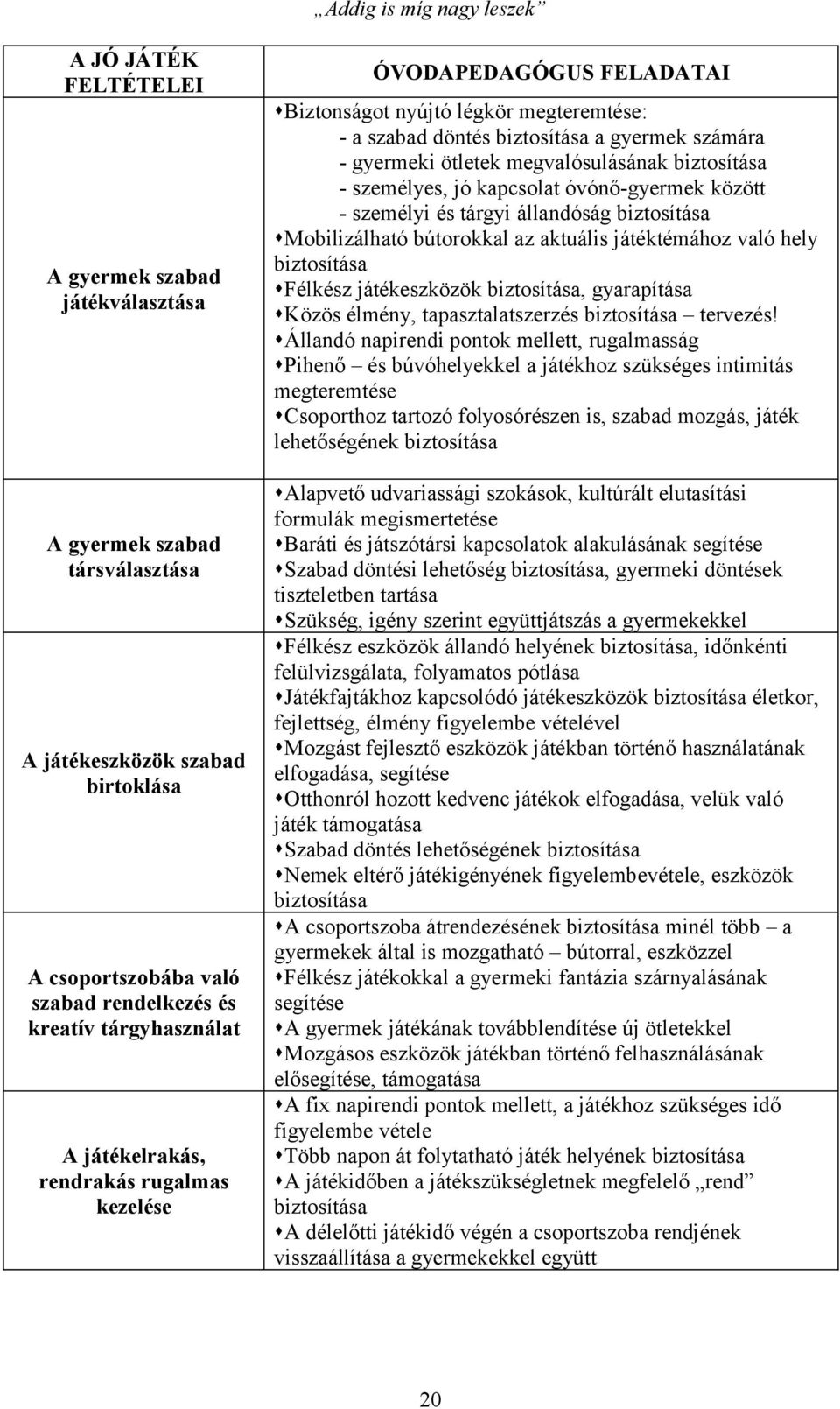 biztosítása - személyes, jó kapcsolat óvónő-gyermek között - személyi és tárgyi állandóság biztosítása Mobilizálható bútorokkal az aktuális játéktémához való hely biztosítása Félkész játékeszközök