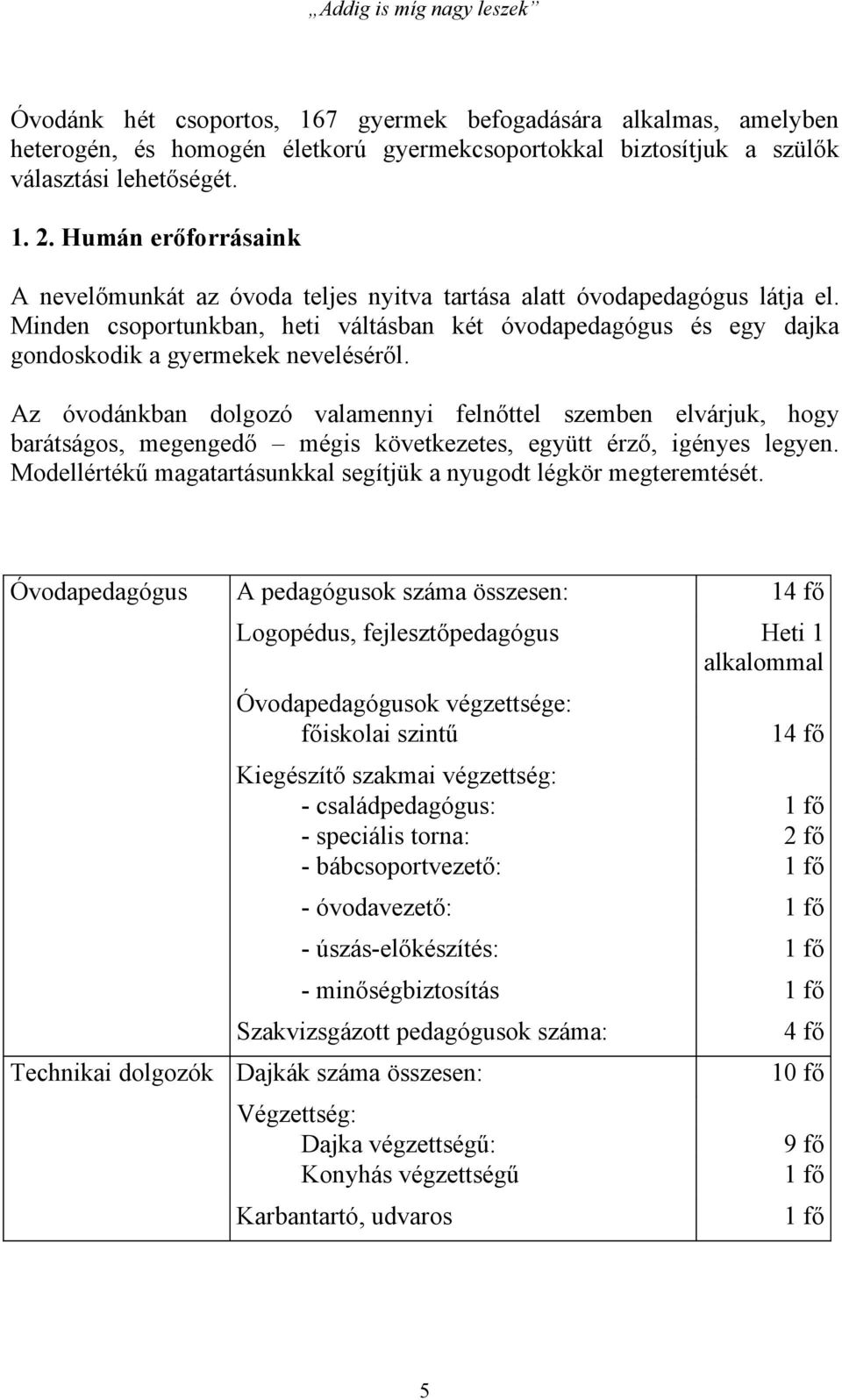 Minden csoportunkban, heti váltásban két óvodapedagógus és egy dajka gondoskodik a gyermekek neveléséről.