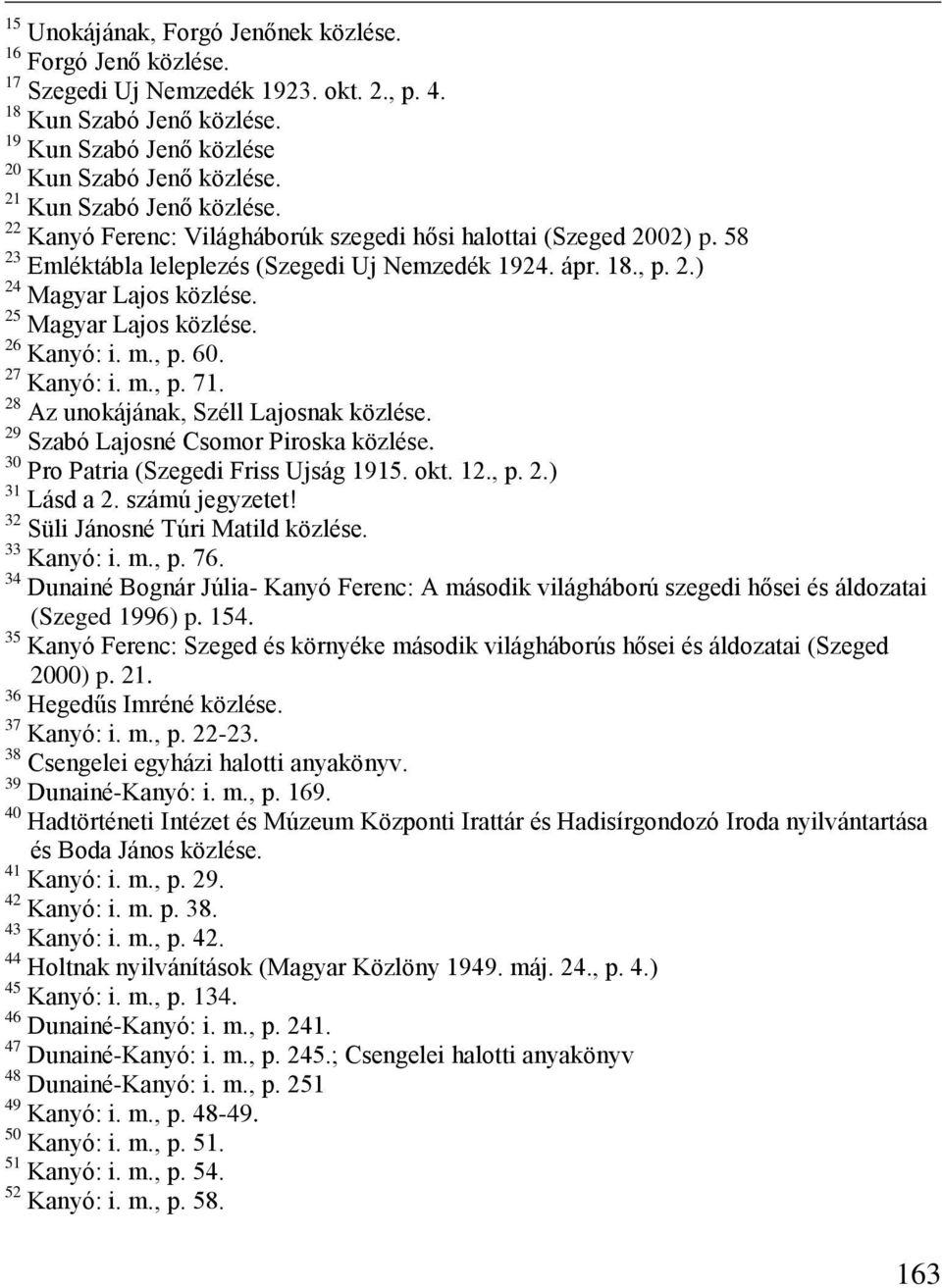 25 Magyar Lajos közlése. 26 Kanyó: i. m., p. 60. 27 Kanyó: i. m., p. 71. 28 Az unokájának, Széll Lajosnak közlése. 29 Szabó Lajosné Csomor Piroska közlése. 30 Pro Patria (Szegedi Friss Ujság 1915.