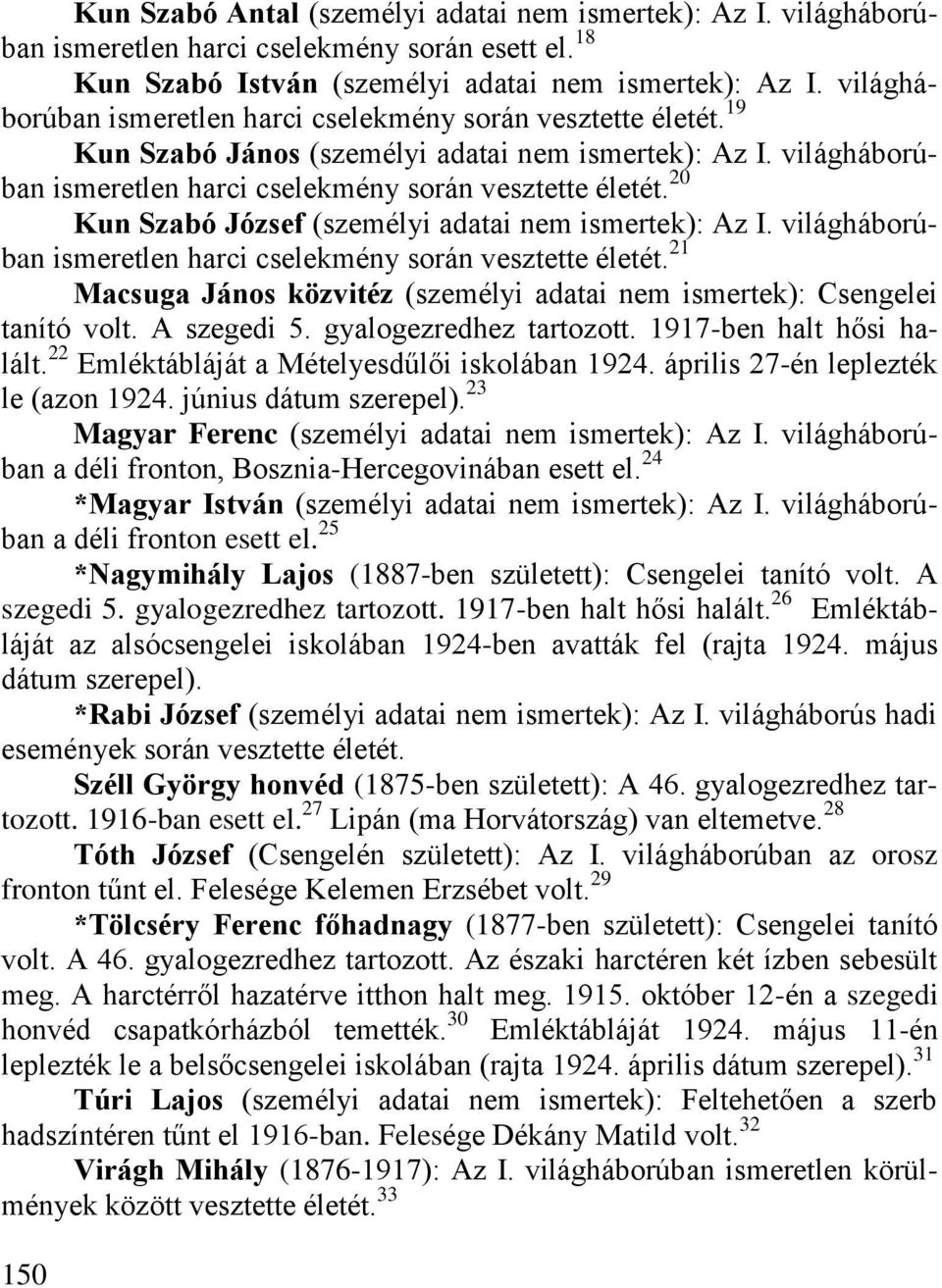 20 Kun Szabó József (személyi adatai nem ismertek): Az I. világháborúban ismeretlen harci cselekmény során vesztette életét.