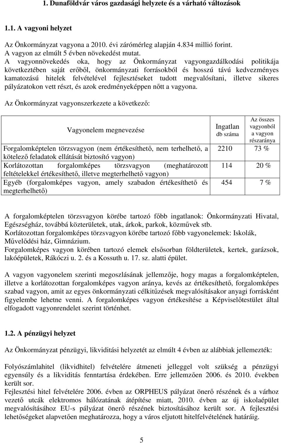 A vagyonnövekedés oka, hogy az Önkormányzat vagyongazdálkodási politikája következtében saját erőből, önkormányzati forrásokból és hosszú távú kedvezményes kamatozású hitelek felvételével