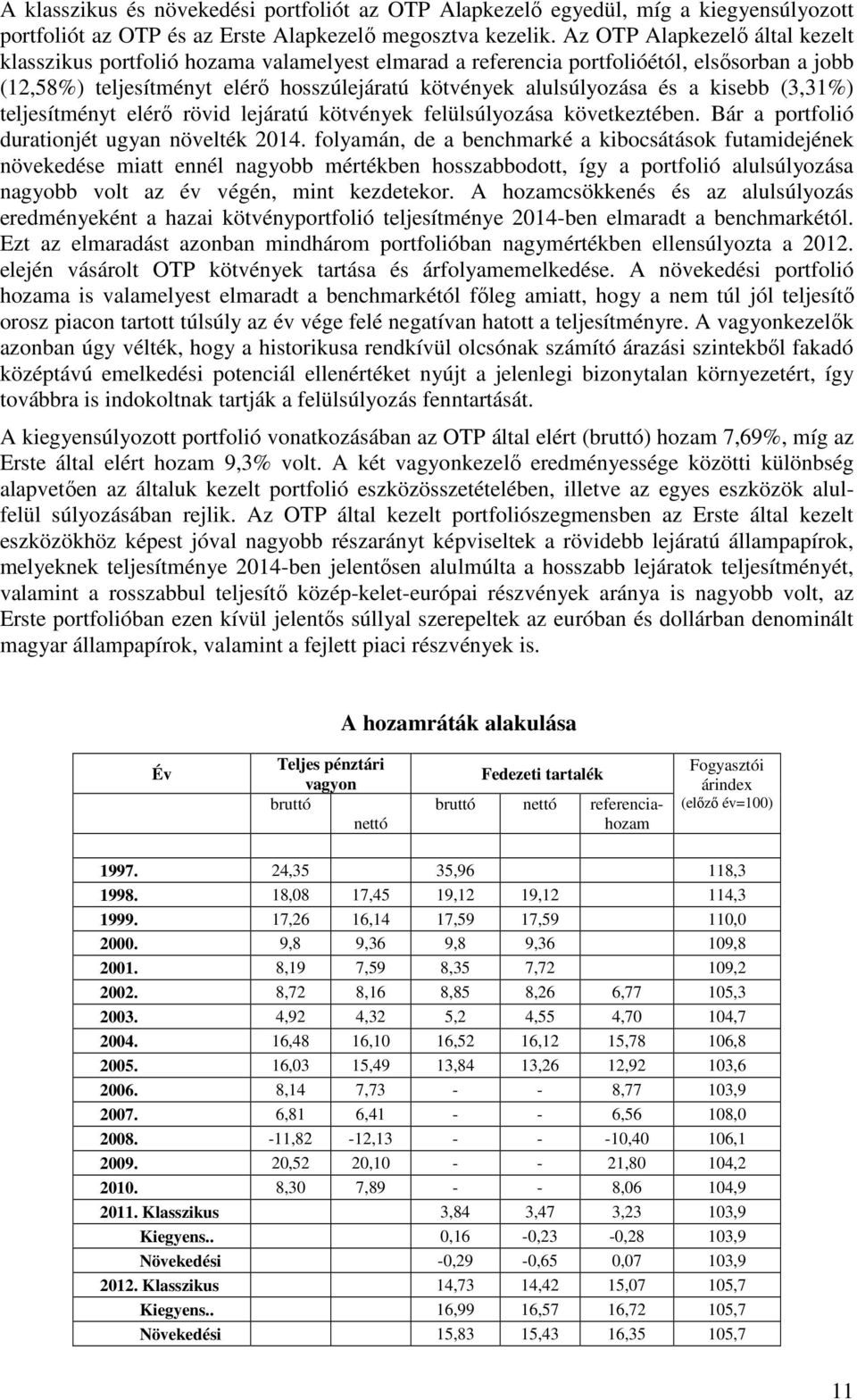 kisebb (3,31%) teljesítményt elérő rövid lejáratú kötvények felülsúlyozása következtében. Bár a portfolió durationjét ugyan növelték 2014.