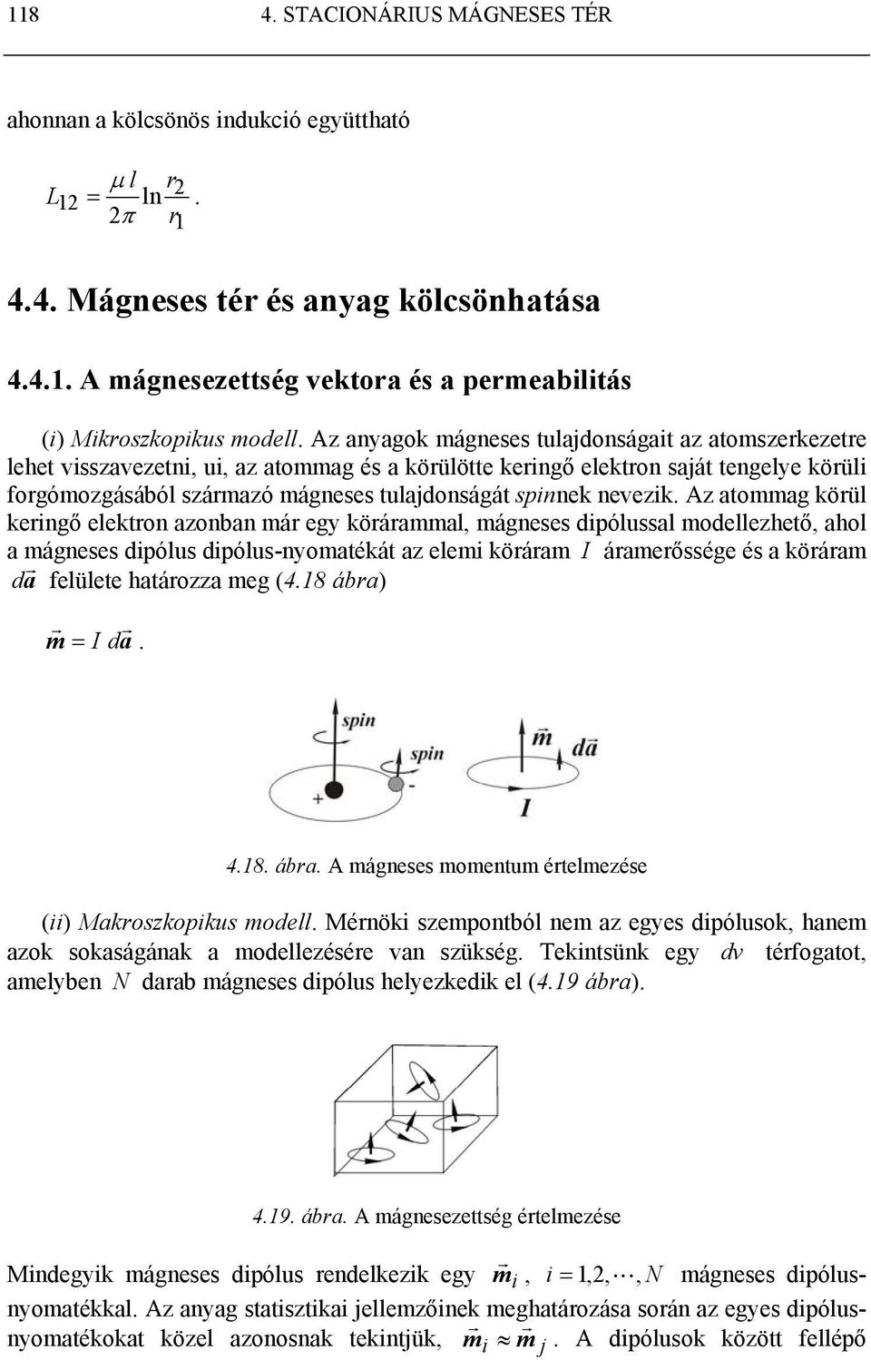 Az atommag köül keingő elekton azonban má egy köáammal, mágneses dipólussal modellezhető, ahol a mágneses dipólus dipólus-nyomatékát az elemi köáam áameőssége és a köáam d a felülete hatáozza meg (4.