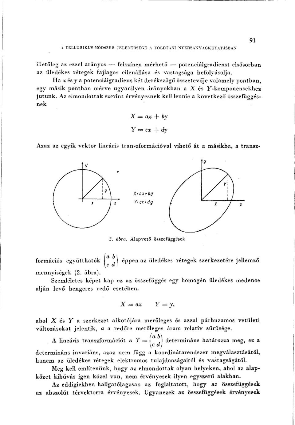 Az elmondottak szerint érvényesnek kell lennie a következő összefüggésnek X = ax -f- by Y = ex + dy Azaz az egyik vektor lineáris transzformációval vihető át a másikba, a transz- 2. ábra.