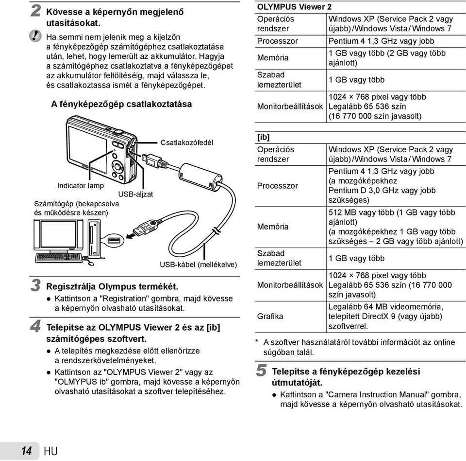 A fényképezőgép csatlakoztatása Indicator lamp USB-aljzat Számítógép (bekapcsolva és működésre készen) Csatlakozófedél USB-kábel (mellékelve) 3 Regisztrálja Olympus termékét.