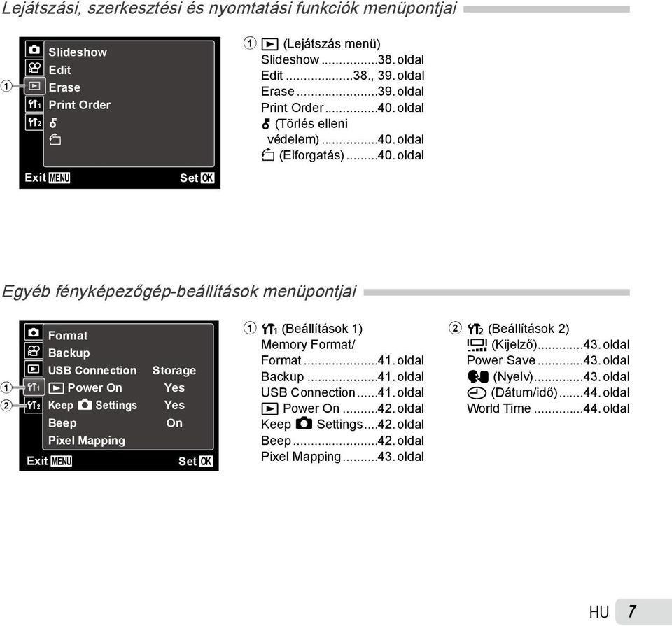 Settings Beep Pixel Mapping Exit MENU Storage Yes Yes On Set OK 1 r (Beállítások 1) Memory Format/ Format...41. oldal Backup...41. oldal USB Connection...41. oldal q Power On...42.