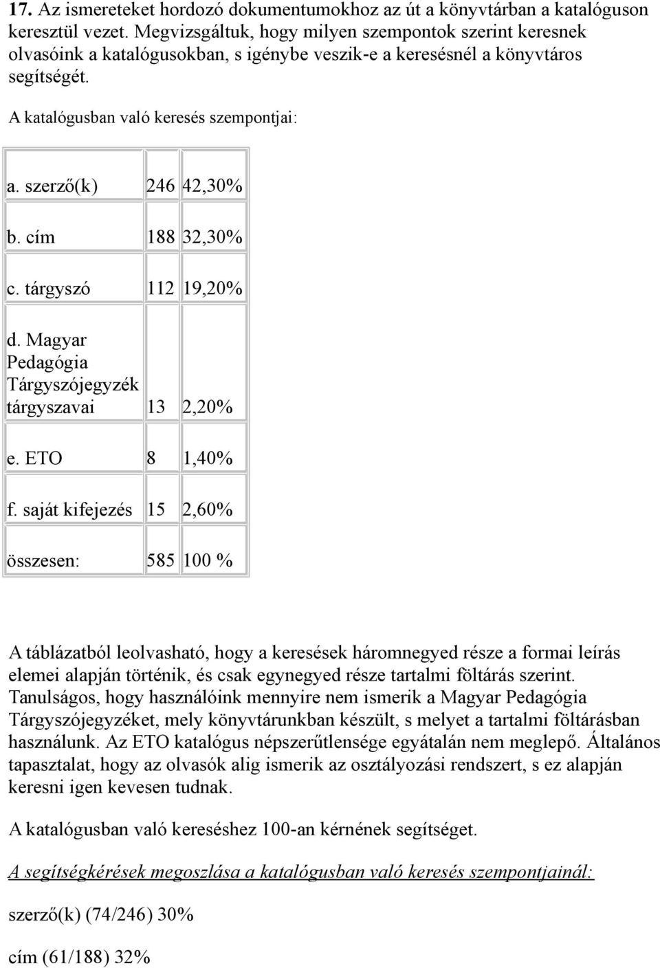 szerző(k) 246 42,30% b. cím 188 32,30% c. tárgyszó 112 19,20% d. Magyar Pedagógia Tárgyszójegyzék tárgyszavai 13 2,20% e. ETO 8 1,40% f.