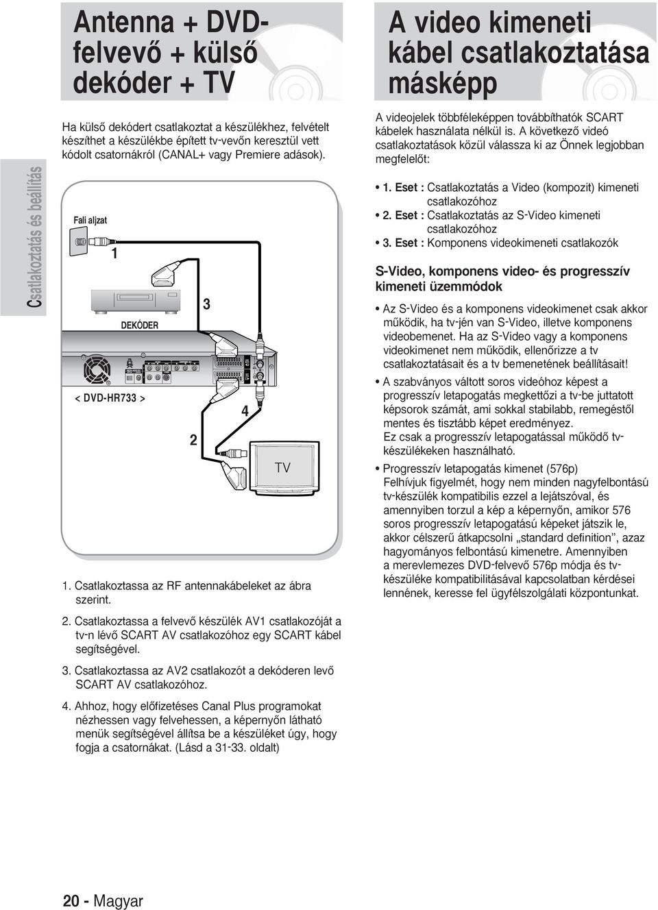 . Csatlakoztassa a felvevœ készülék V csatlakozóját a tv-n lévœ SCRT V csatlakozóhoz egy SCRT kábel segítségével.. Csatlakoztassa az V csatlakozót a dekóderen levœ SCRT V csatlakozóhoz. 4.