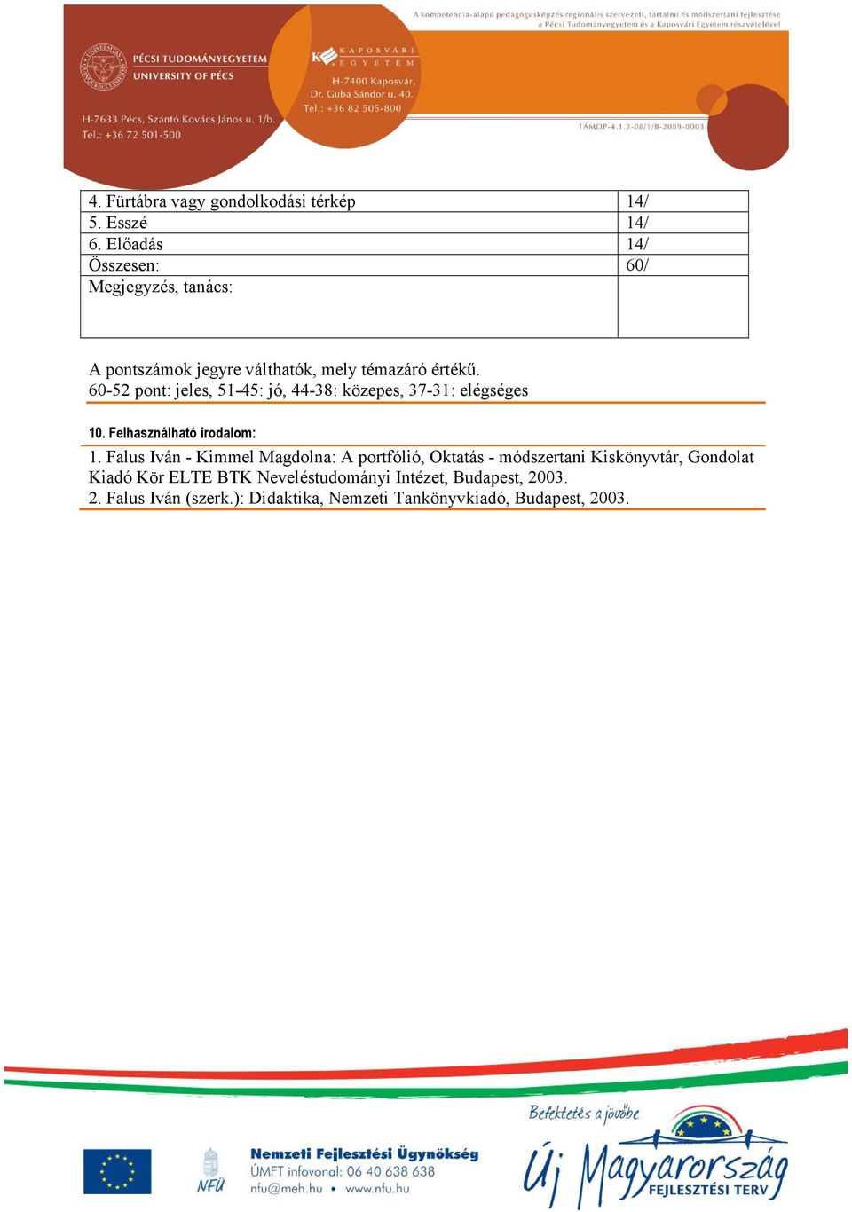 60-52 pont: jeles, 51-45: jó, 44-38: közepes, 37-31: elégséges 10. Felhasználható irodalom: 1.