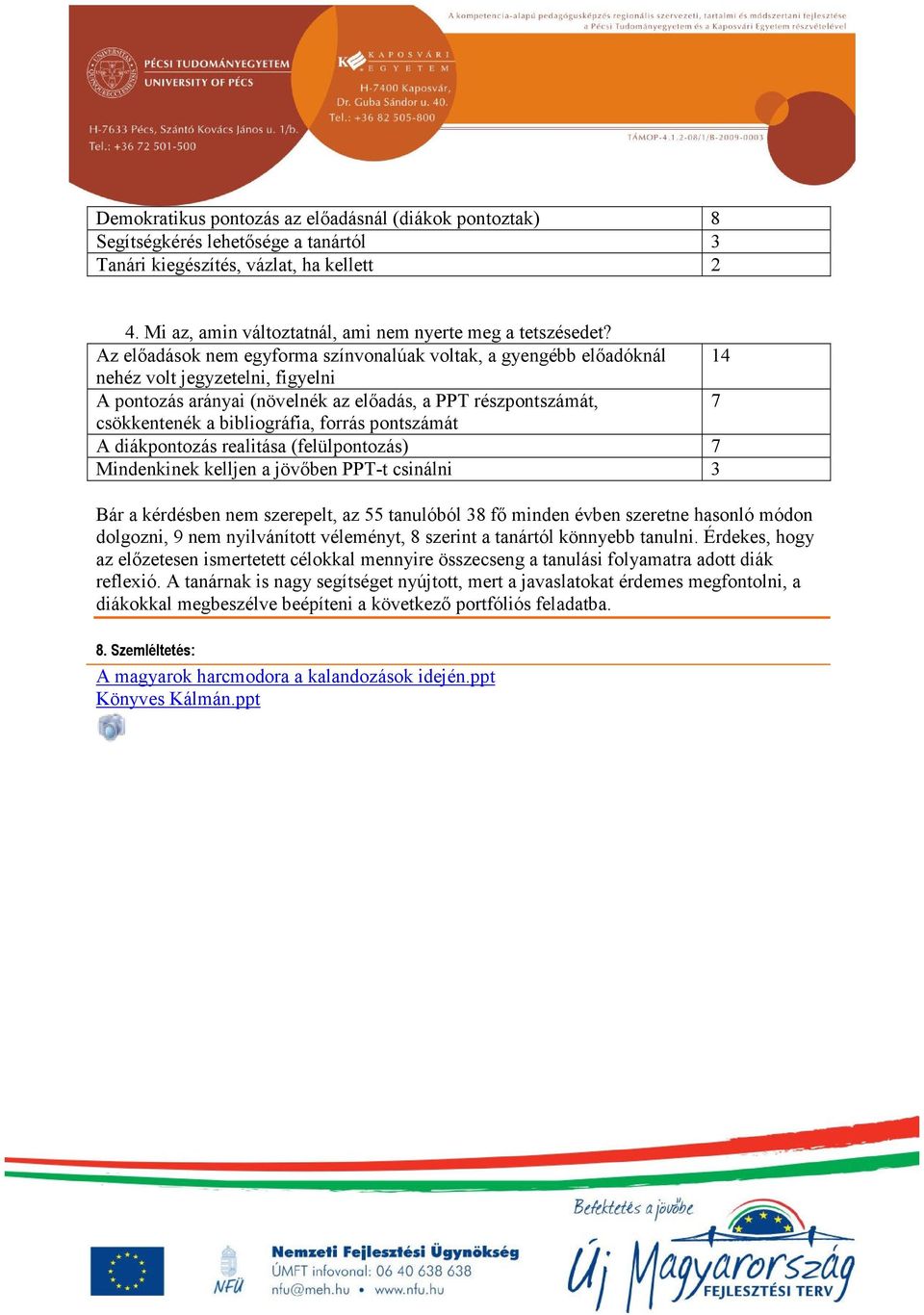 forrás pontszámát A diákpontozás realitása (felülpontozás) 7 Mindenkinek kelljen a jövőben PPT-t csinálni 3 Bár a kérdésben nem szerepelt, az 55 tanulóból 38 fő minden évben szeretne hasonló módon