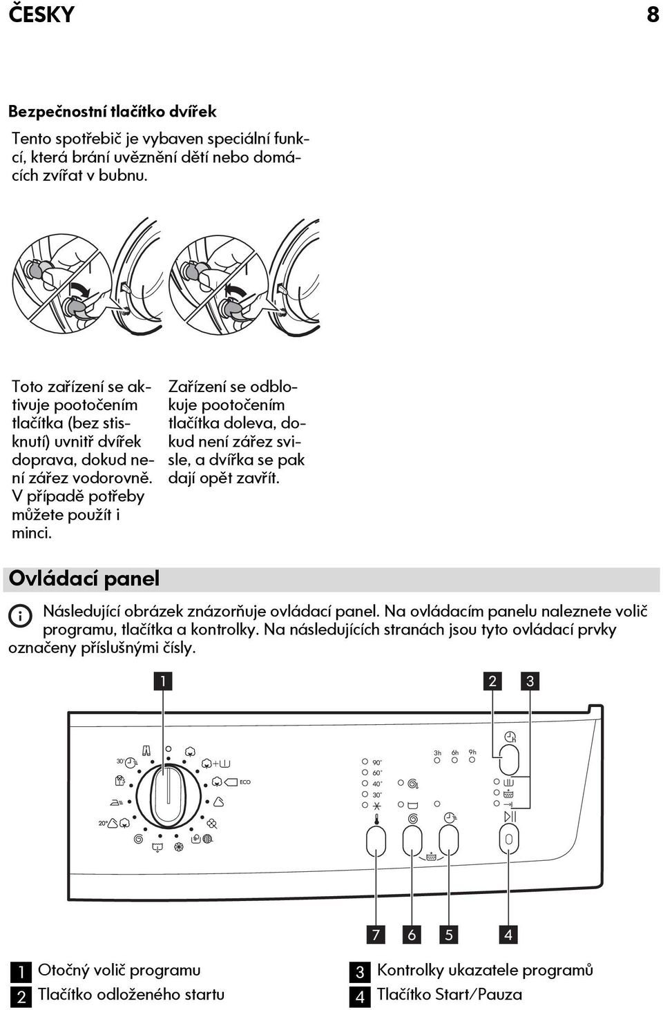 Ovládací panel Zařízení se odblokuje pootočením tlačítka doleva, dokud není zářez svisle, a dvířka se pak dají opět zavřít. Následující obrázek znázorňuje ovládací panel.