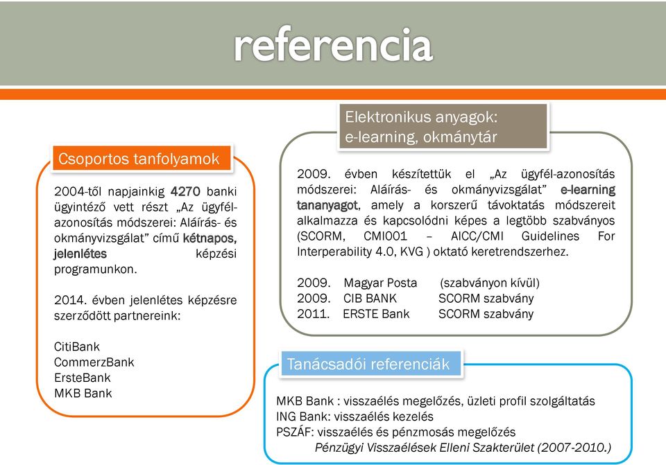 évben készítettük el Az ügyfél-azonosítás módszerei: Aláírás- és okmányvizsgálat e-learning tananyagot, amely a korszerű távoktatás módszereit alkalmazza és kapcsolódni képes a legtöbb szabványos