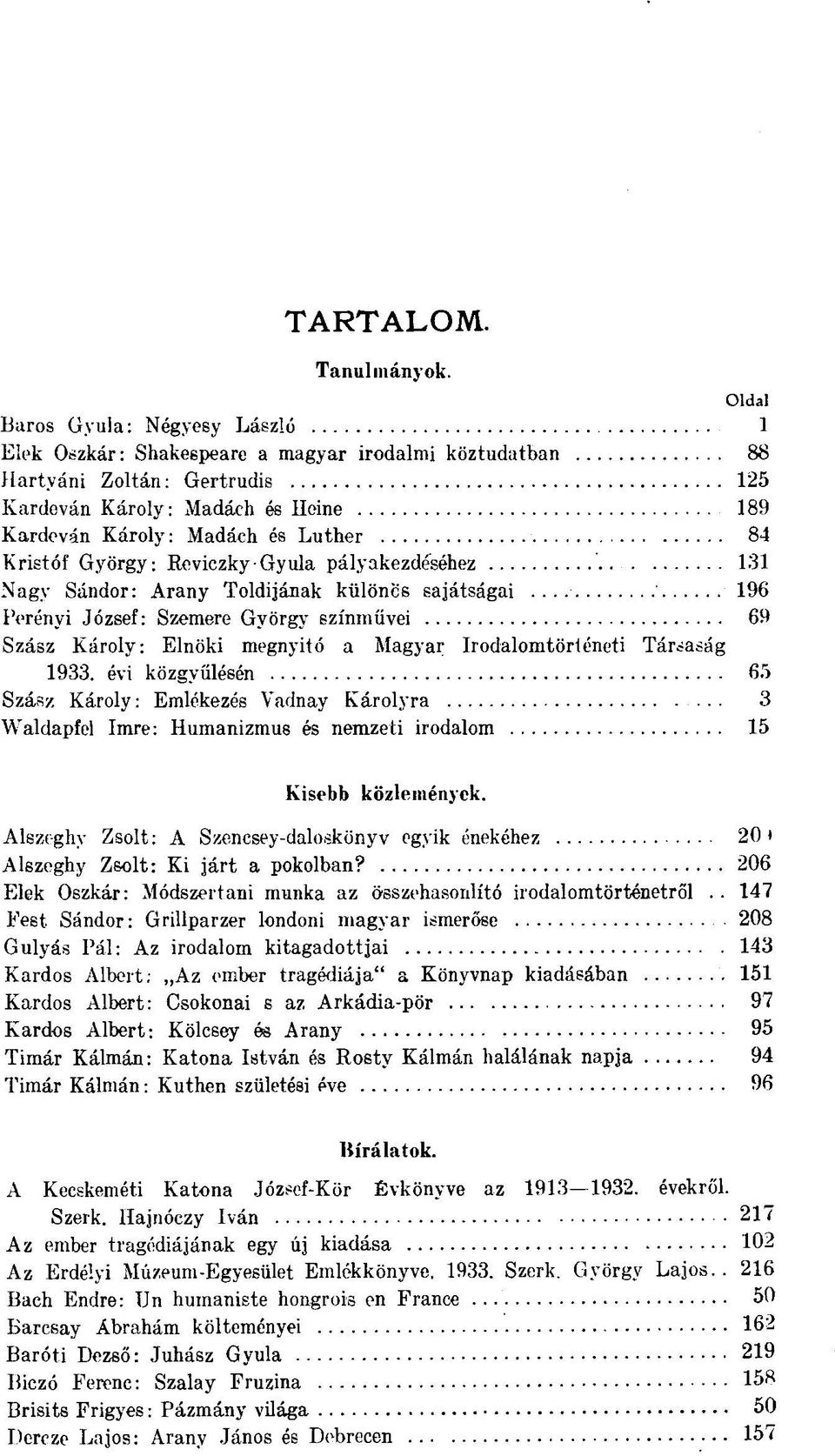 Kristóf György: Reviczky Gyula pályakezdéséhez 131 Nagy Sándor: Arany Toldijának különce sajátságai 196 l'orényi József: Szemere György színművei 69 Szász Károly: Elnöki megnyitó a Magyar