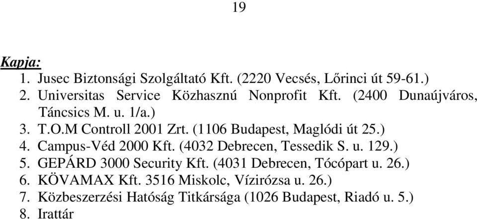 (1106 Budapest, Maglódi út 25.) 4. Campus-Véd 2000 Kft. (4032 Debrecen, Tessedik S. u. 129.) 5.