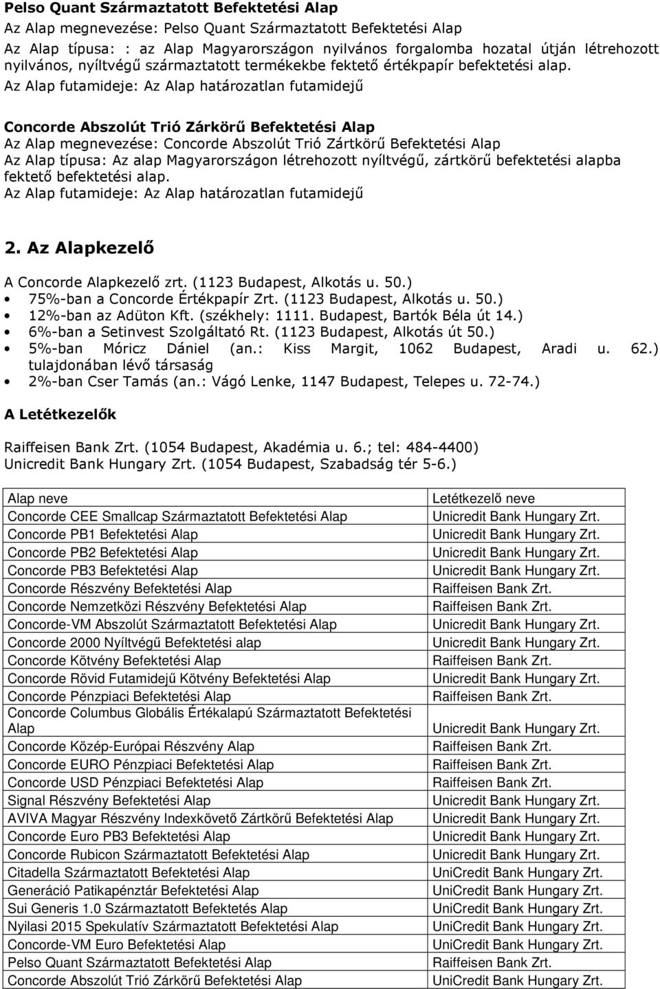 Az Alap futamideje: Az Alap határozatlan futamidejű Concorde Abszolút Trió Zárkörű Befektetési Alap Az Alap megnevezése: Concorde Abszolút Trió Zártkörű Befektetési Alap Az Alap típusa: Az alap